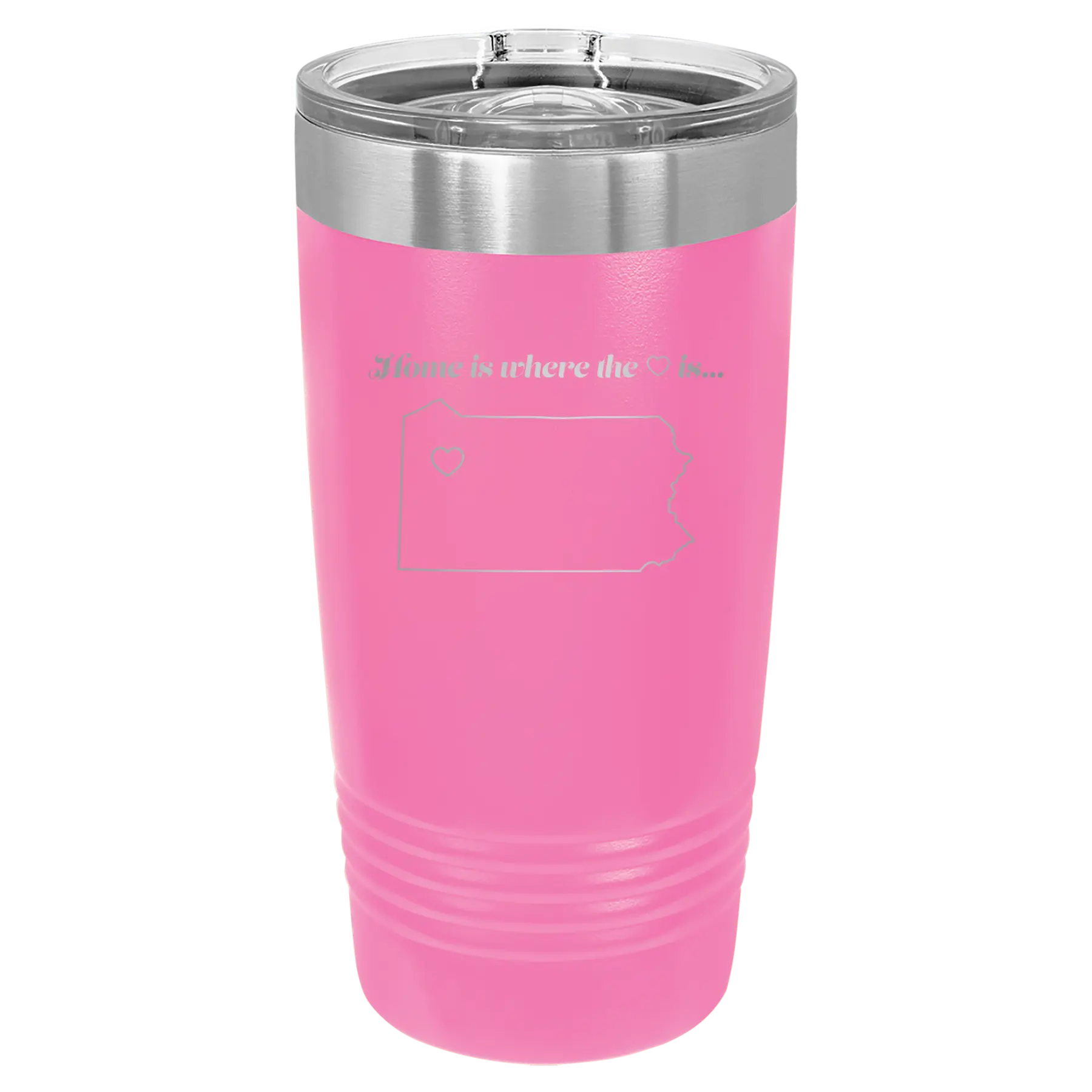 Laser etched pink 20 oz vacuum insulated tumbler with 'Pennsylvania Heart' design