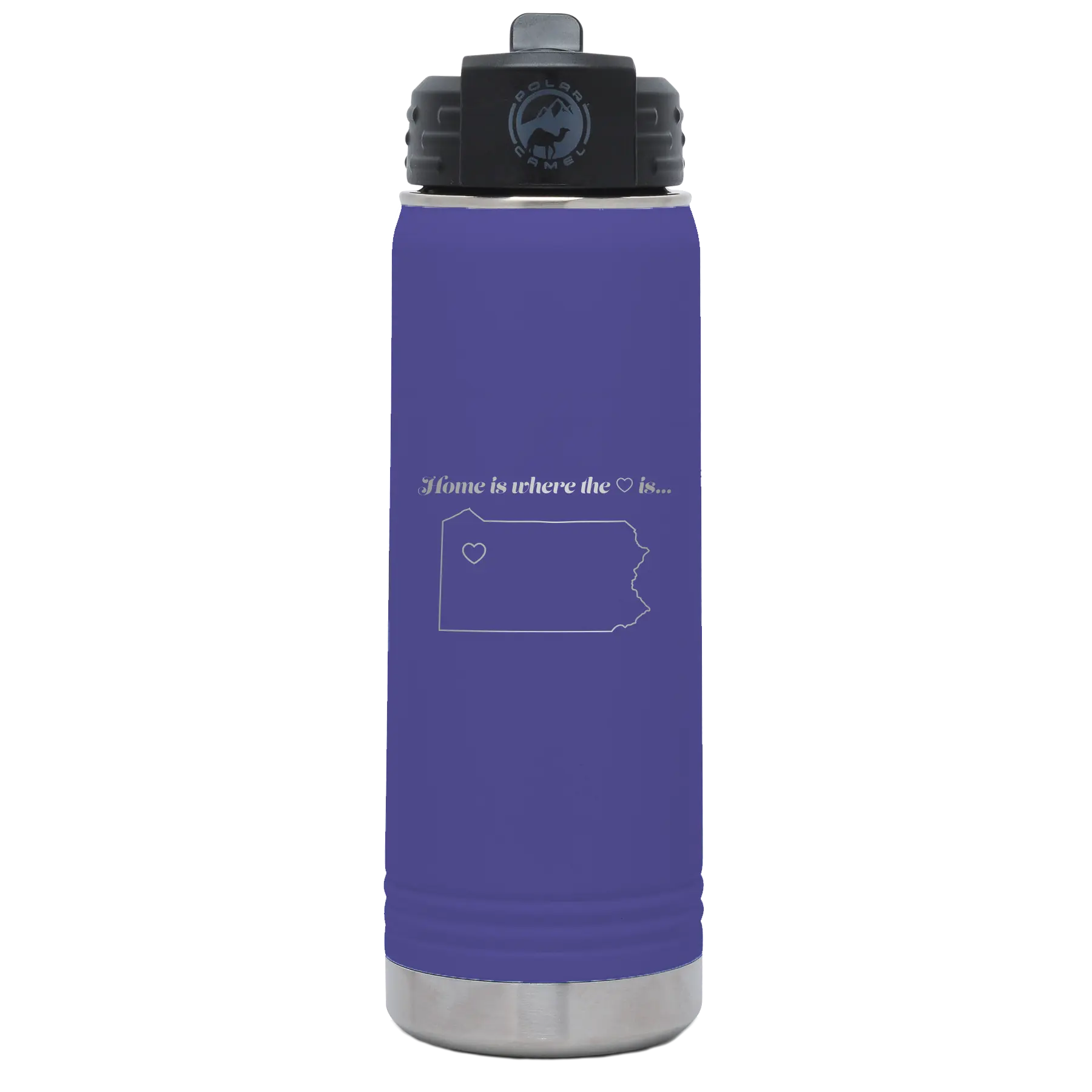 Laser etched purple 20 oz vacuum insulated water bottle with 'Pennsylvania Heart' design