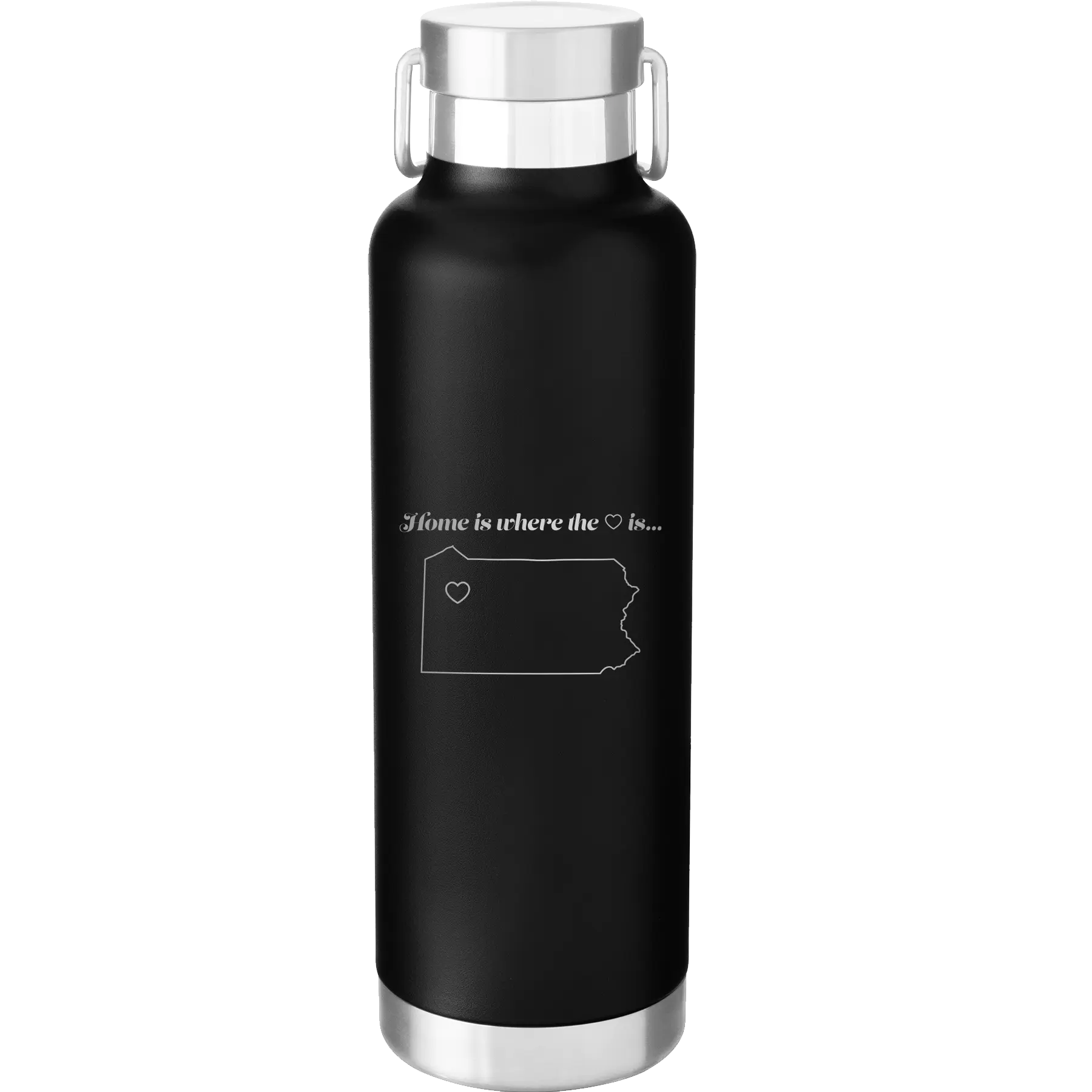 Laser etched black 24 oz vacuum insulated water bottle with 'Pennsylvania Heart' design