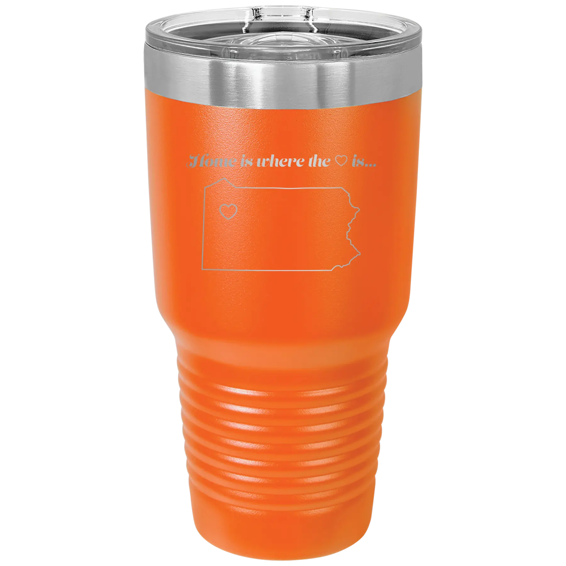 Laser etched orange 30 oz vacuum insulated tumbler with 'Pennsylvania Heart' design