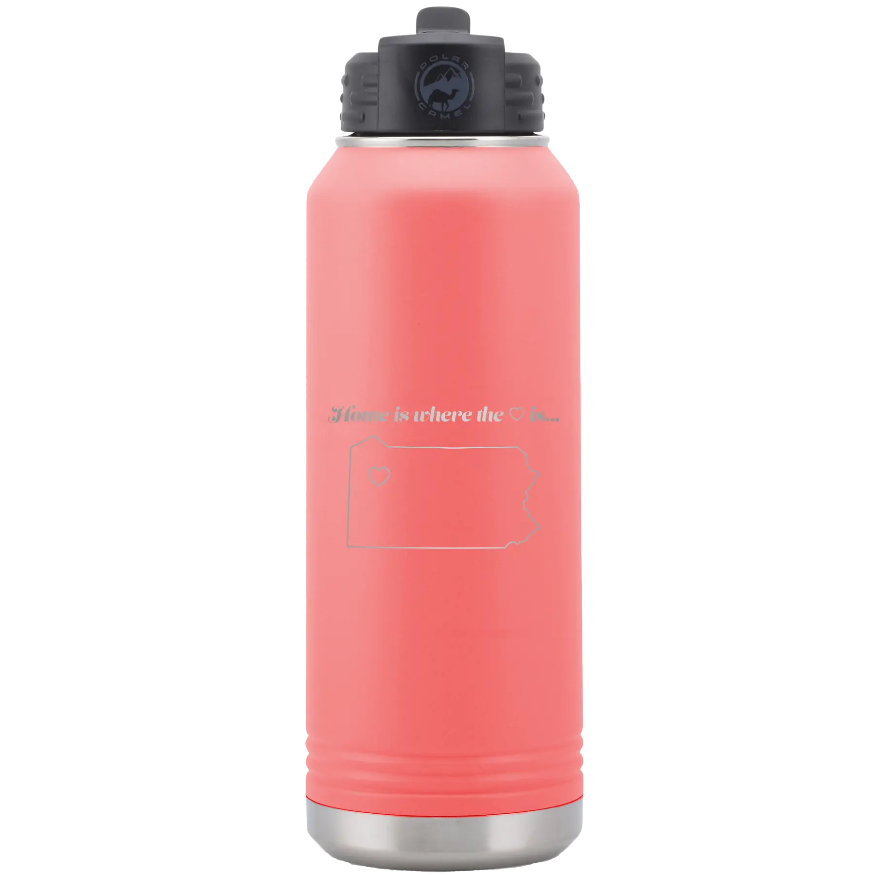 Laser etched coral 32 oz vacuum insulated water bottle with 'Pennsylvania Heart' design