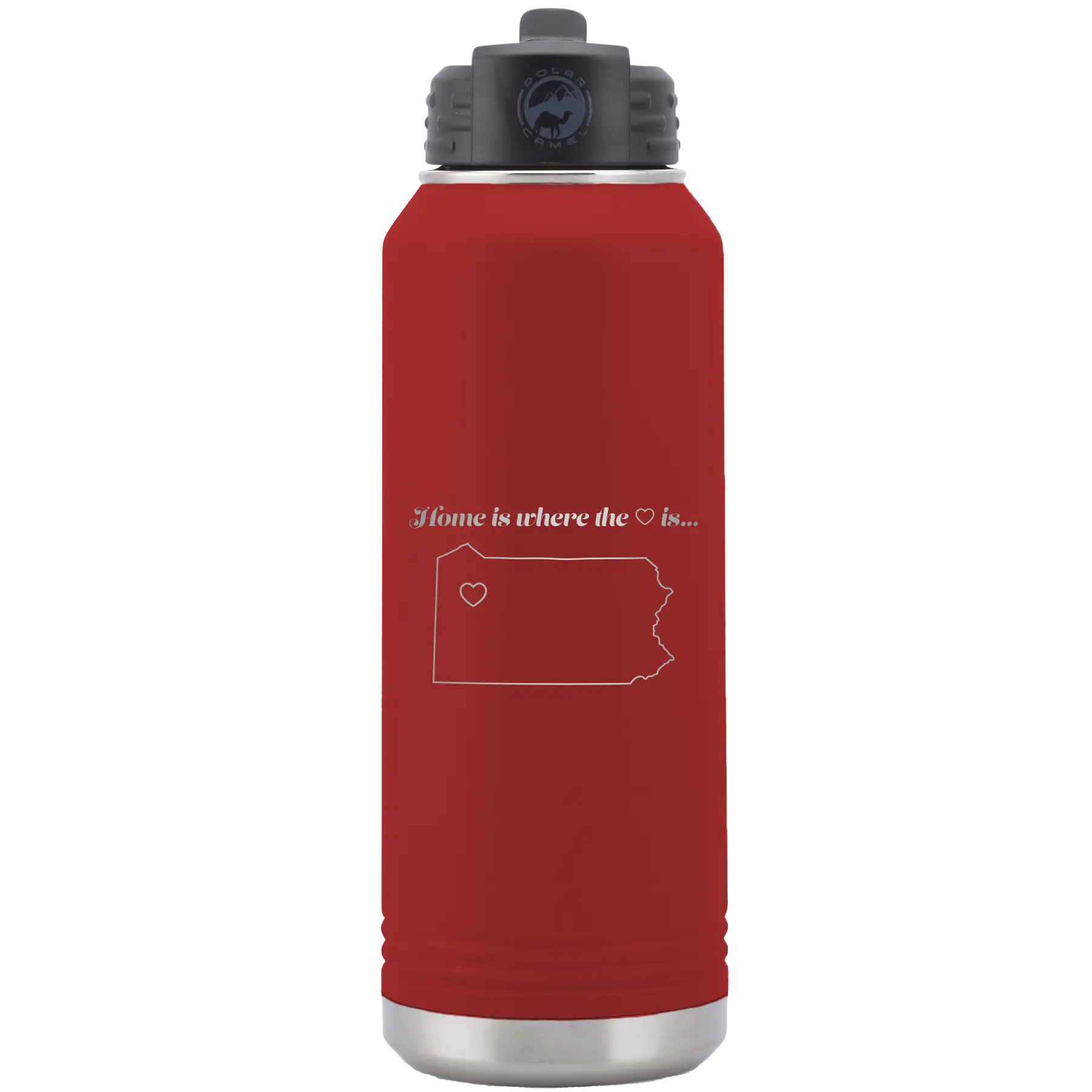 Laser etched maroon 32 oz vacuum insulated water bottle with 'Pennsylvania Heart' design