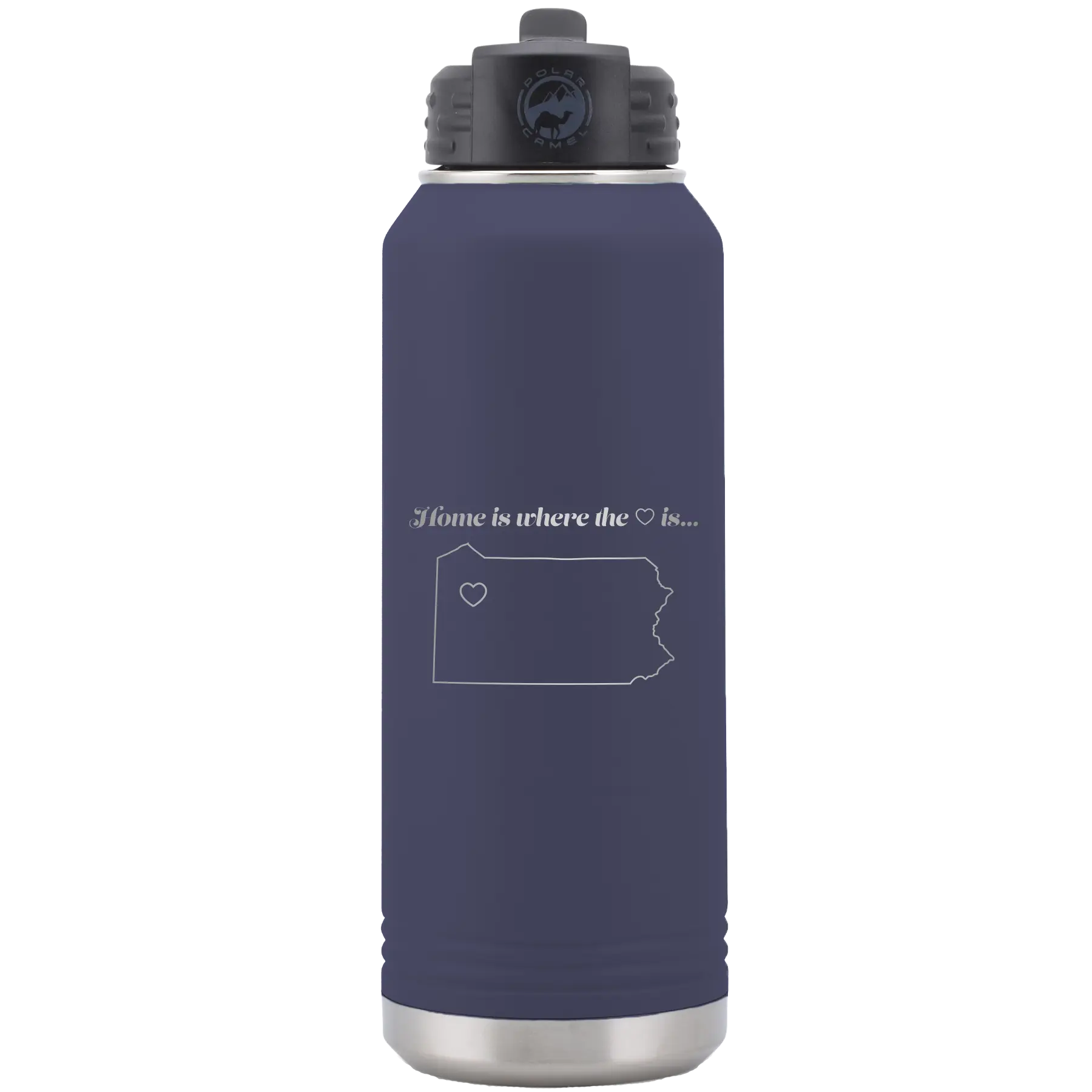 Laser etched navy 32 oz vacuum insulated water bottle with 'Pennsylvania Heart' design