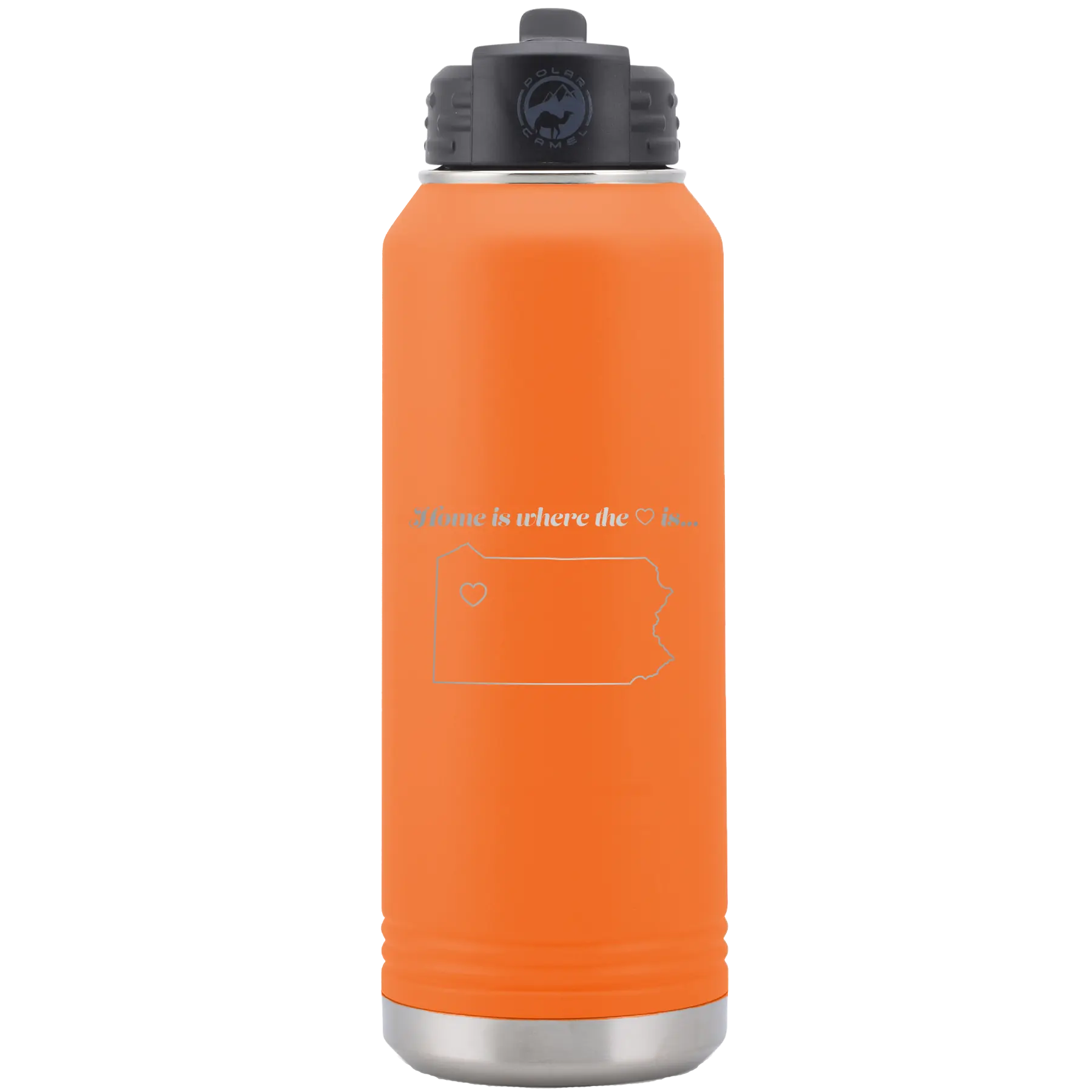 Laser etched orange 32 oz vacuum insulated water bottle with 'Pennsylvania Heart' design