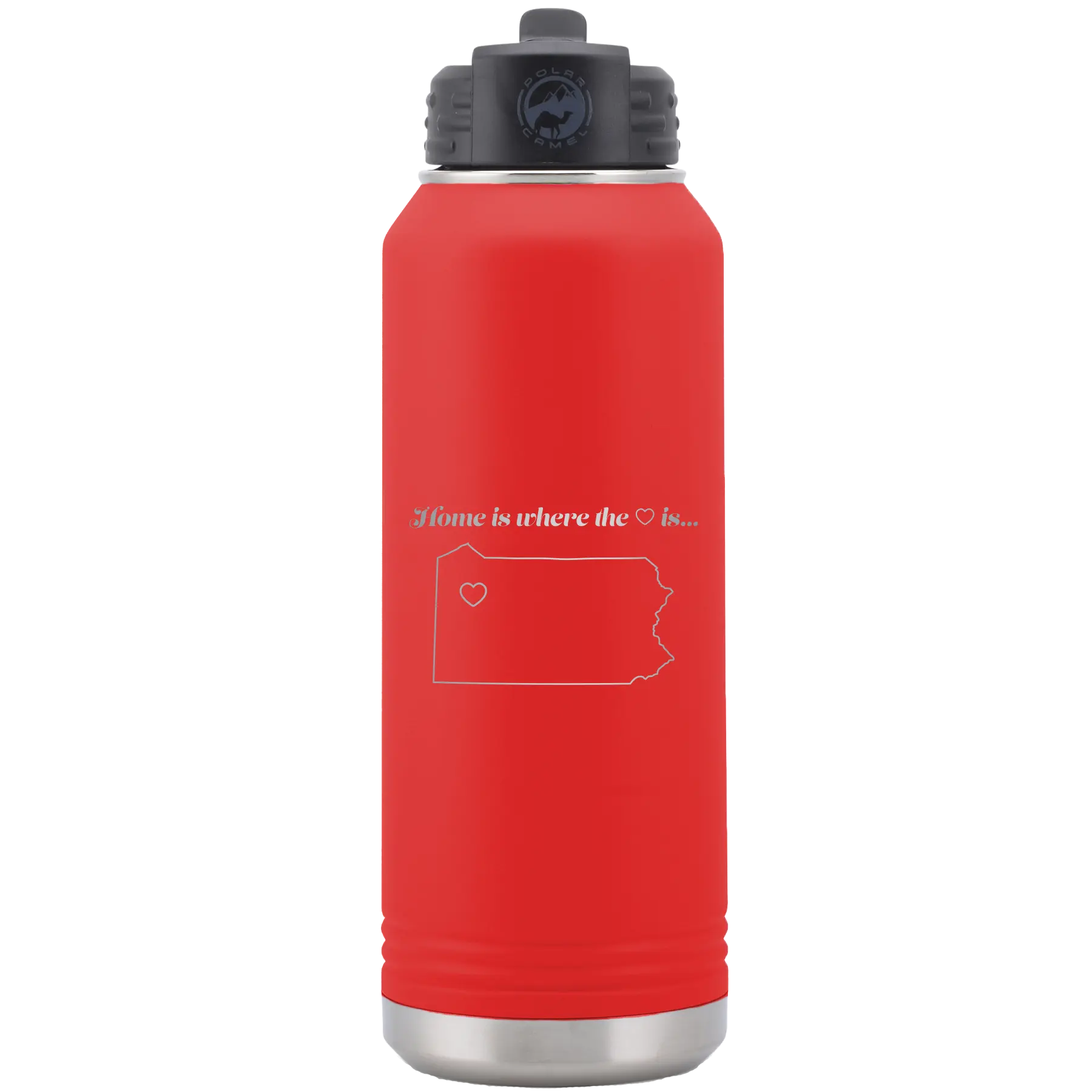 Laser etched red 32 oz vacuum insulated water bottle with 'Pennsylvania Heart' design