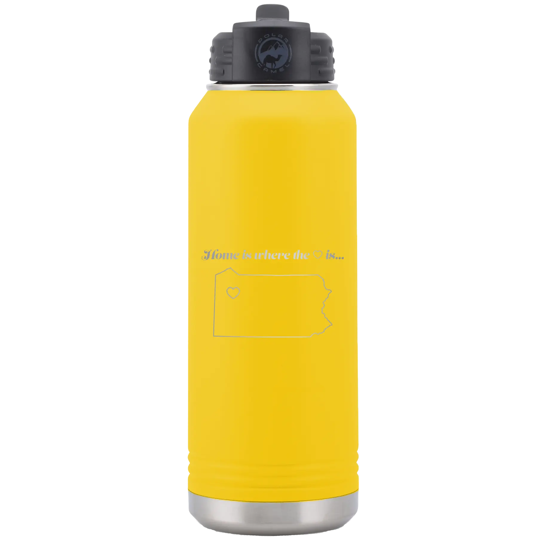 Laser etched yellow 32 oz vacuum insulated water bottle with 'Pennsylvania Heart' design