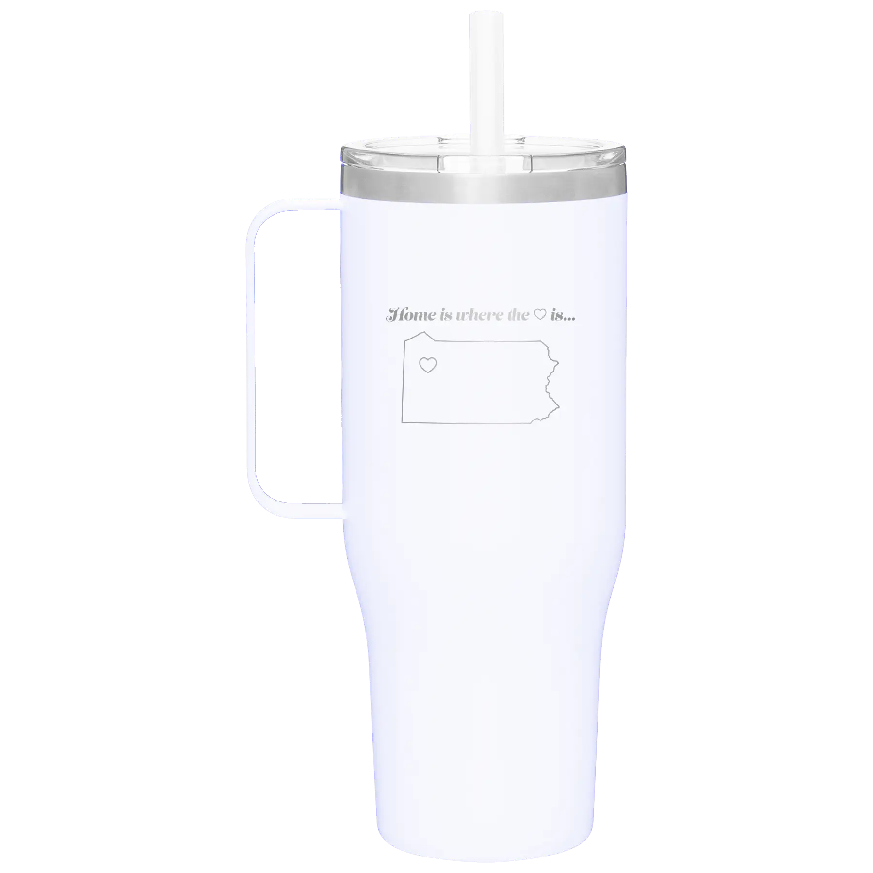 Laser etched white 40 oz vacuum insulated tumbler mug with 'Pennsylvania Heart' design