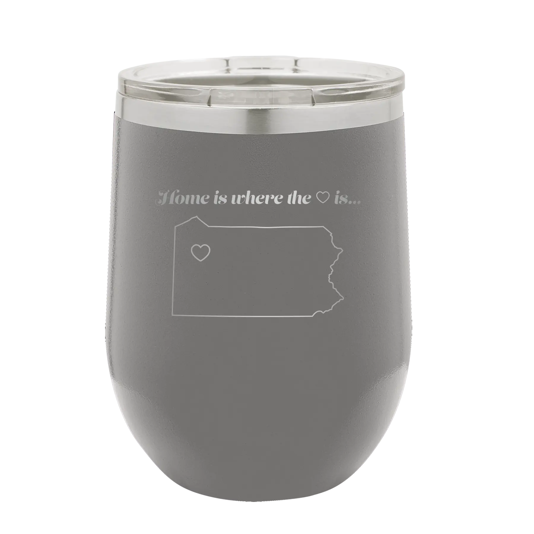 Laser etched dark gray 12 oz vacuum insulated wine cup with 'Pennsylvania Heart' design