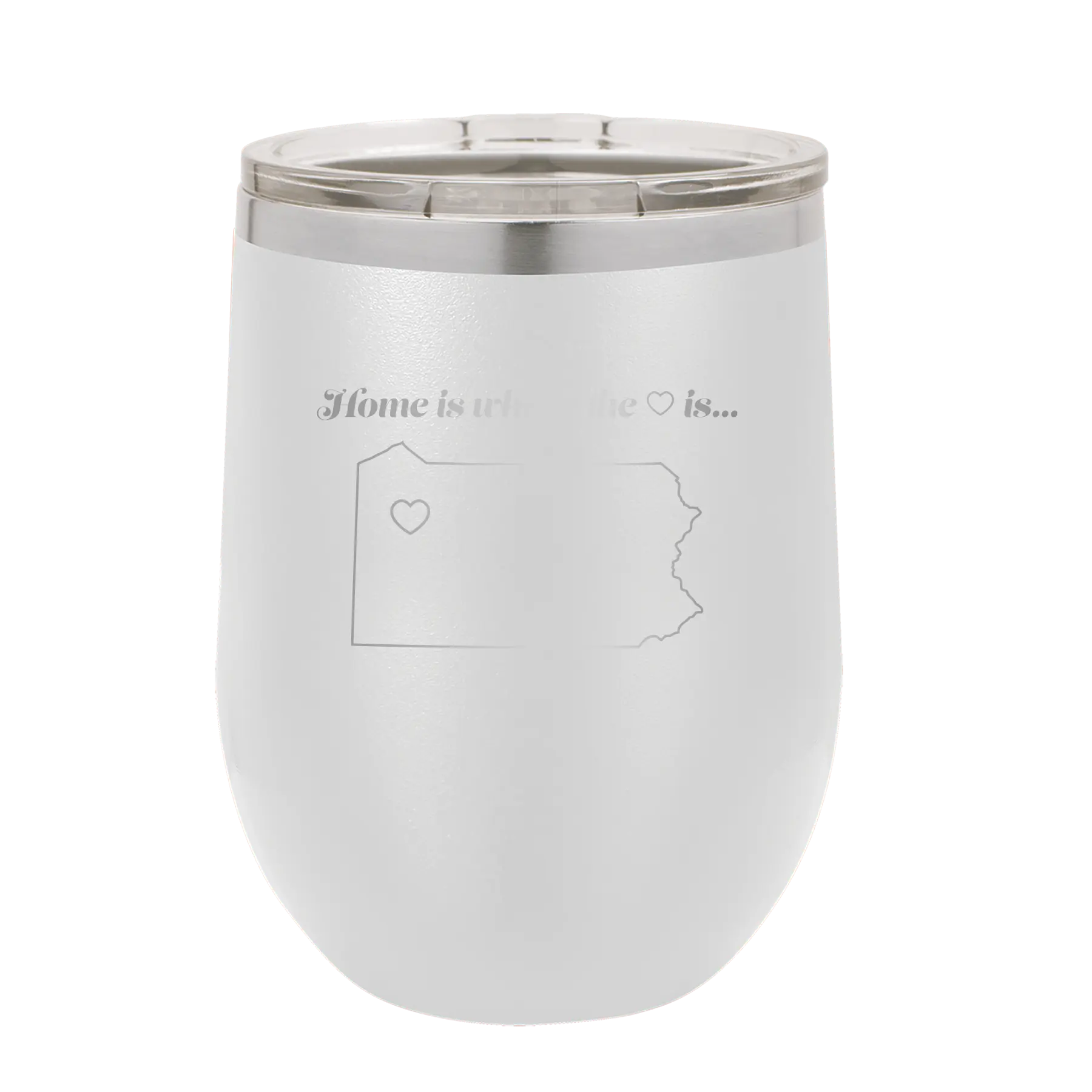 Laser etched white 12 oz vacuum insulated wine cup with 'Pennsylvania Heart' design