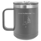 Laser etched dark gray 15 oz vacuum insulated coffee mug with 'Rhode Island Heart' design