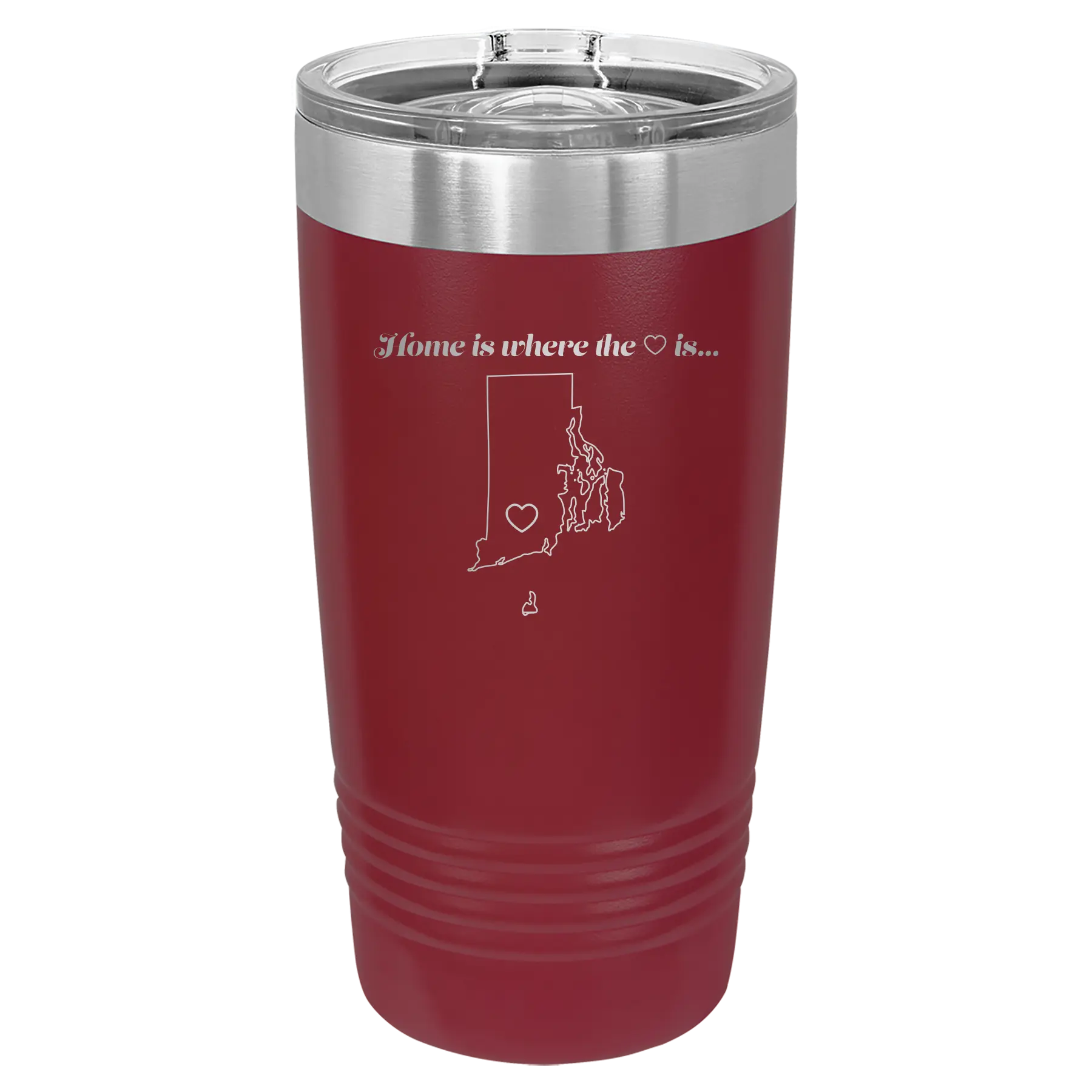 Laser etched maroon 20 oz vacuum insulated tumbler with 'Rhode Island Heart' design