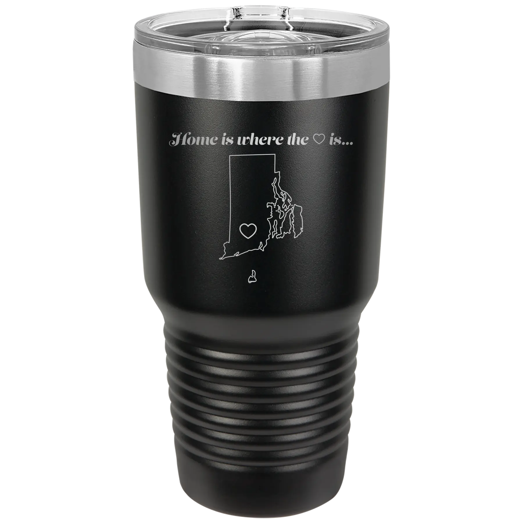 Laser etched black 30 oz vacuum insulated tumbler with 'Rhode Island Heart' design