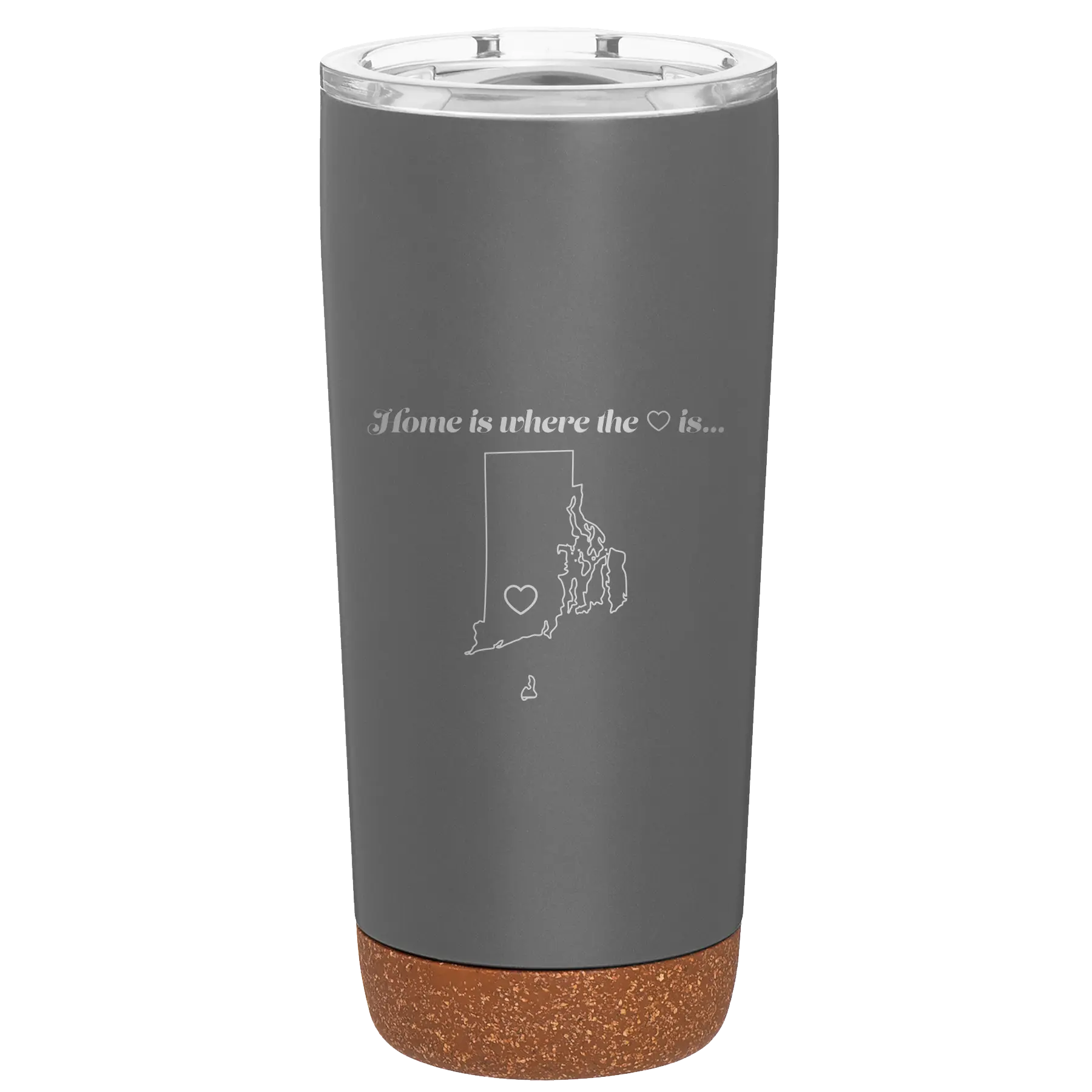 Laser etched storm gray 20 oz vacuum insulated tumbler with 'Rhode Island Heart' design