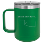 Laser etched green 15 oz vacuum insulated coffee mug with 'Oklahoma Heart' design