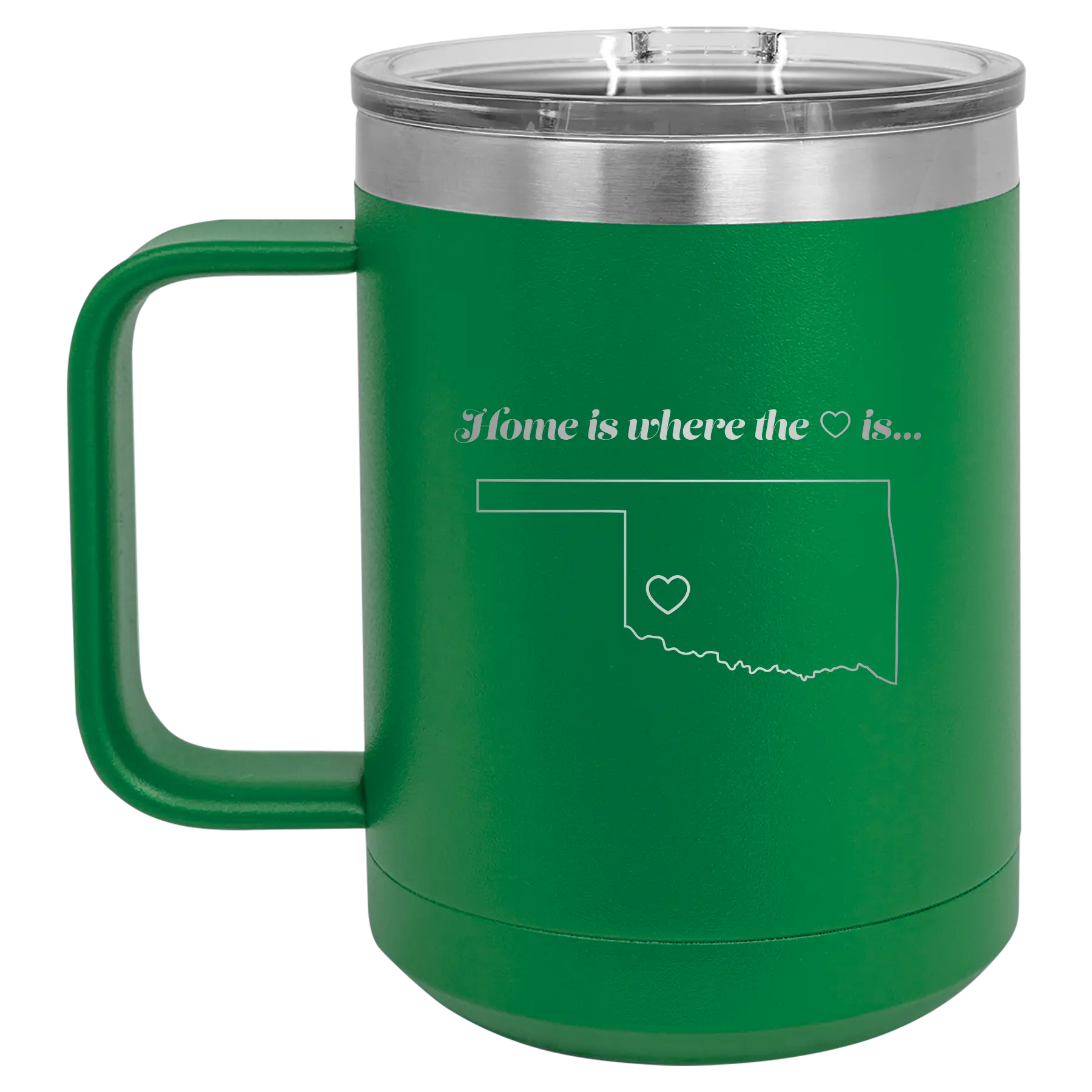 Laser etched green 15 oz vacuum insulated coffee mug with 'Oklahoma Heart' design