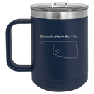 Laser etched navy 15 oz vacuum insulated coffee mug with 'Oklahoma Heart' design