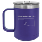 Laser etched purple 15 oz vacuum insulated coffee mug with 'Oklahoma Heart' design