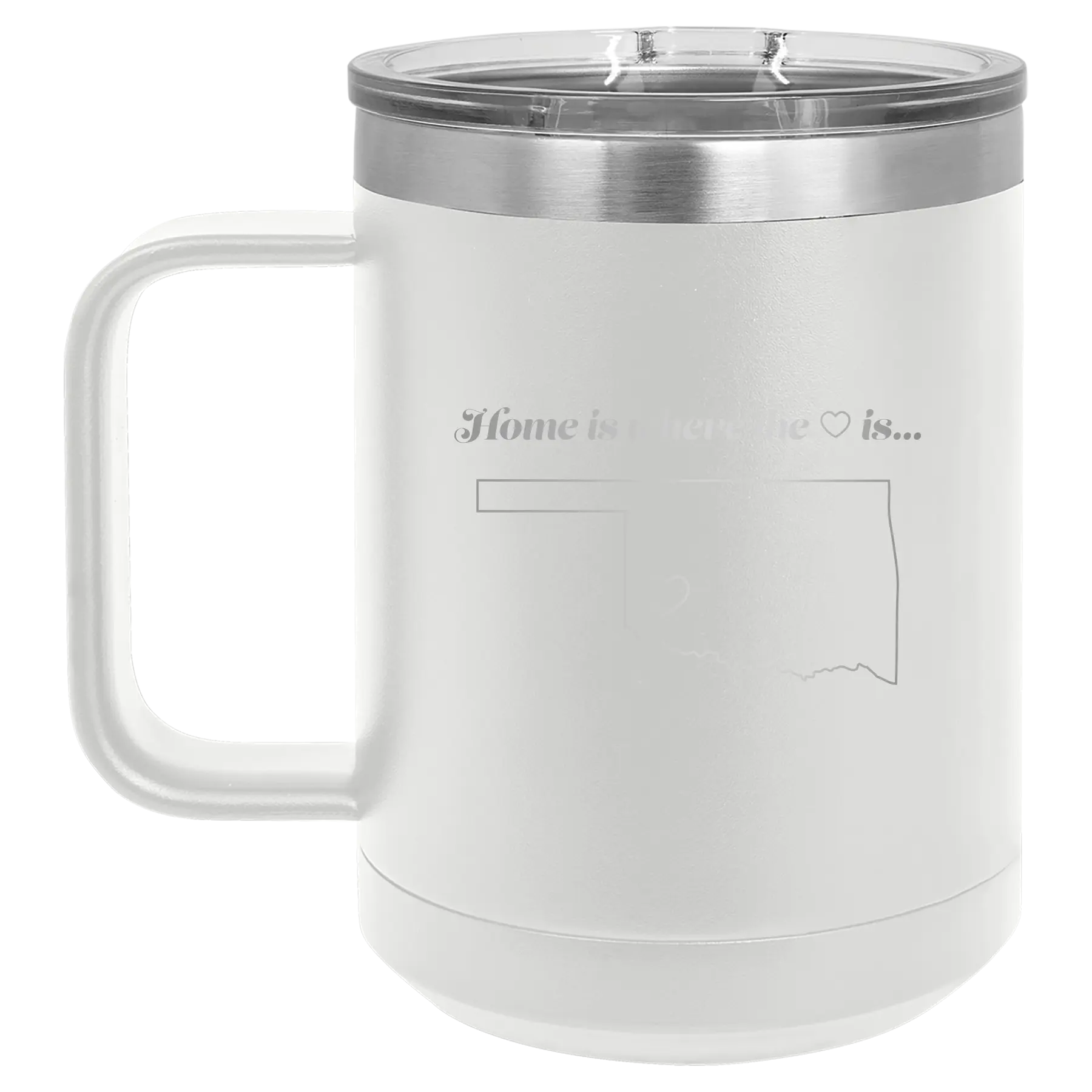 Laser etched white 15 oz vacuum insulated coffee mug with 'Oklahoma Heart' design