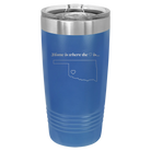 Laser etched royal blue 20 oz vacuum insulated tumbler with 'Oklahoma Heart' design