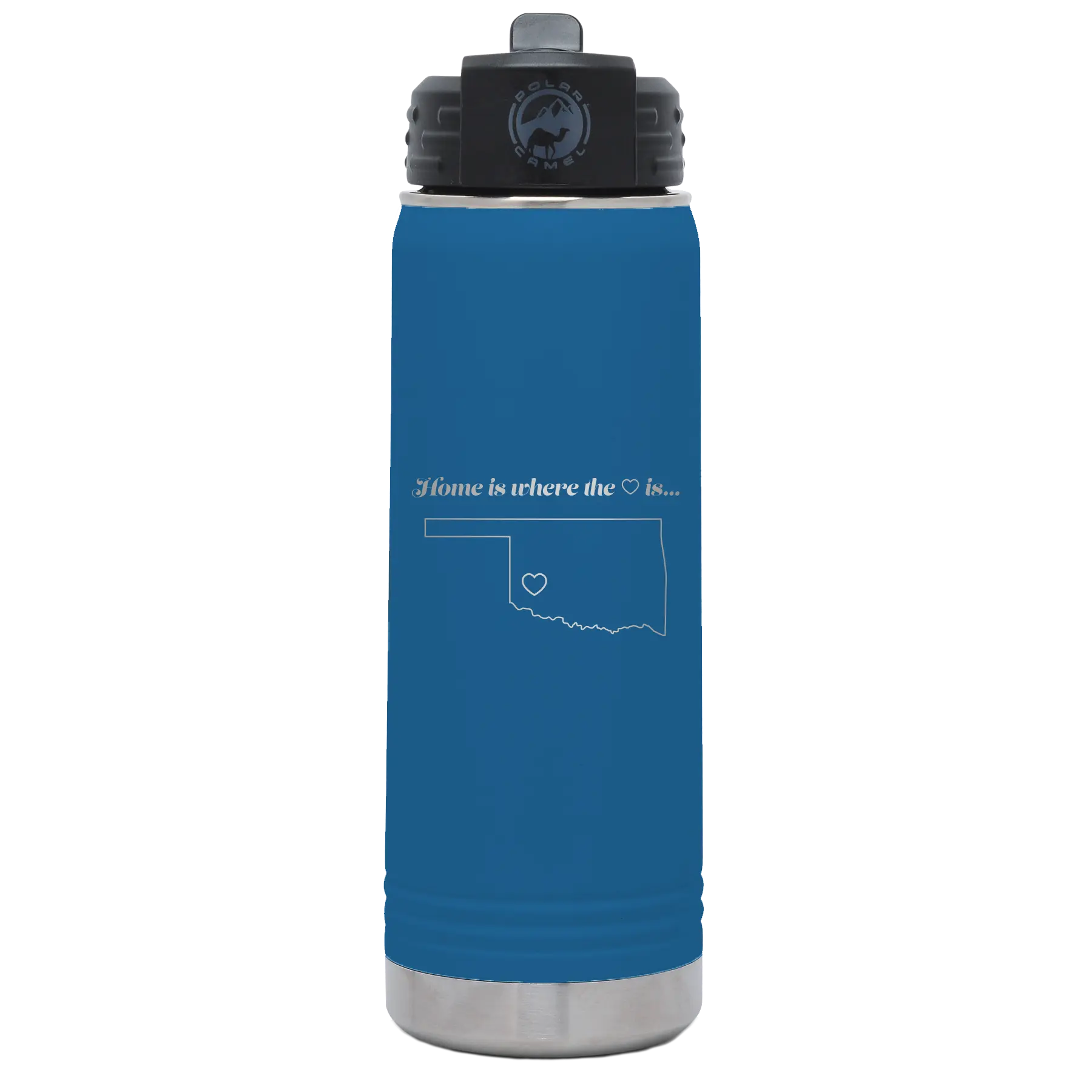 Laser etched royal blue 20 oz vacuum insulated water bottle with 'Oklahoma Heart' design
