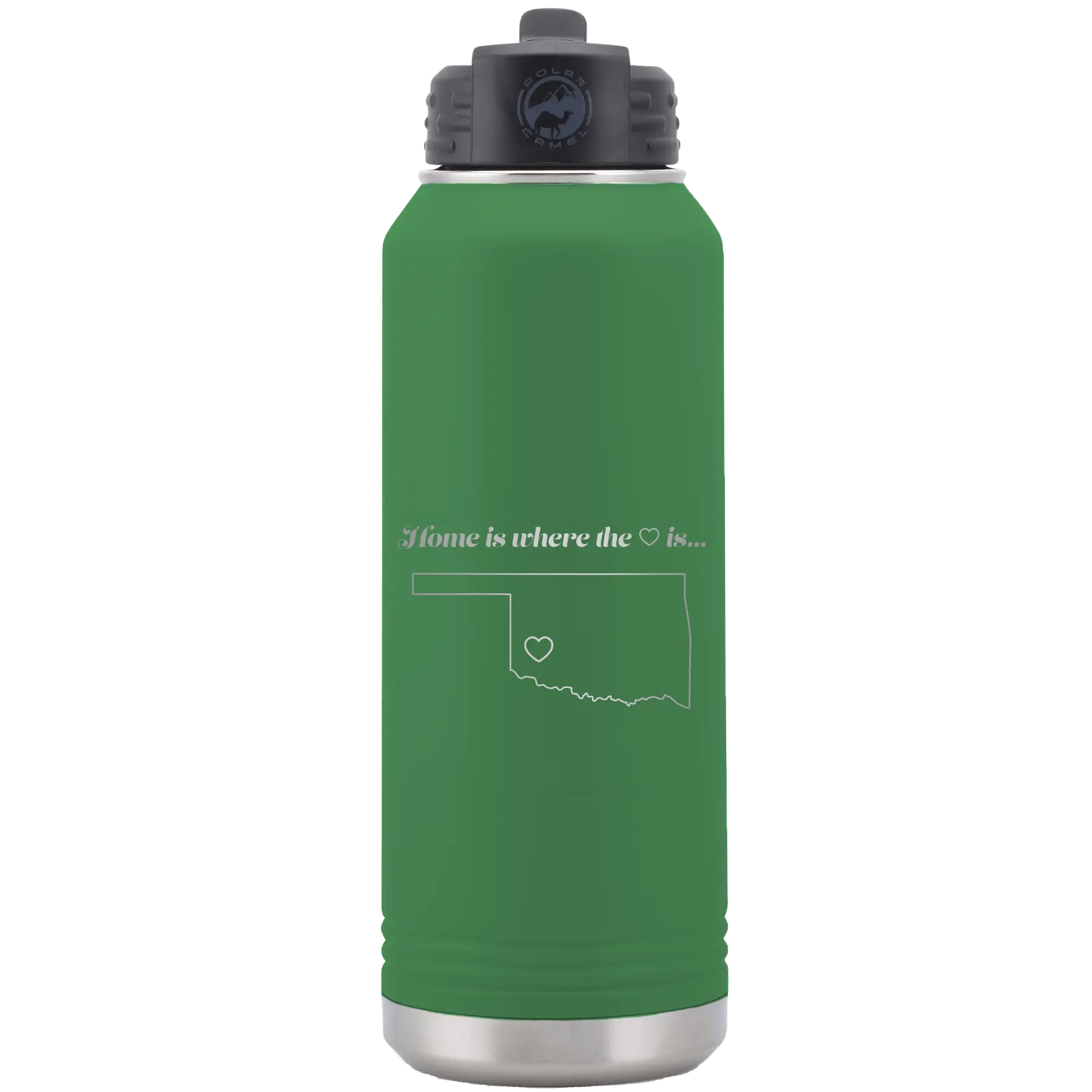 Laser etched green 32 oz vacuum insulated water bottle with 'Oklahoma Heart' design