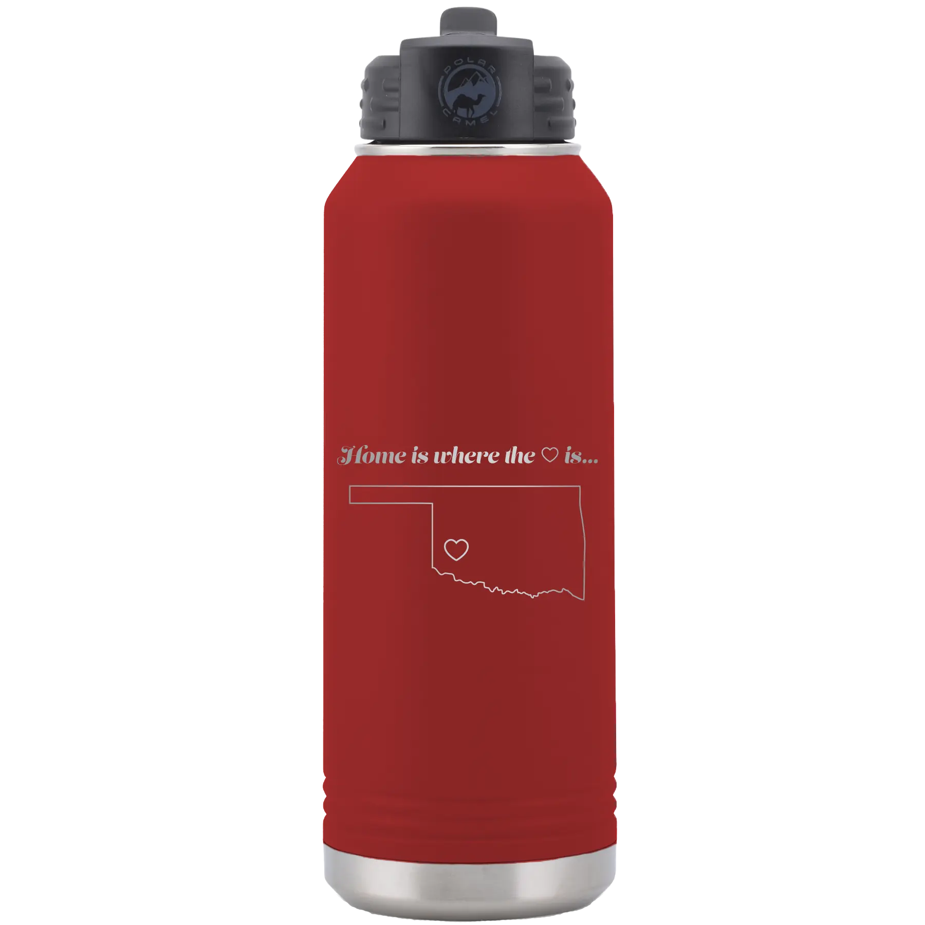 Laser etched maroon 32 oz vacuum insulated water bottle with 'Oklahoma Heart' design