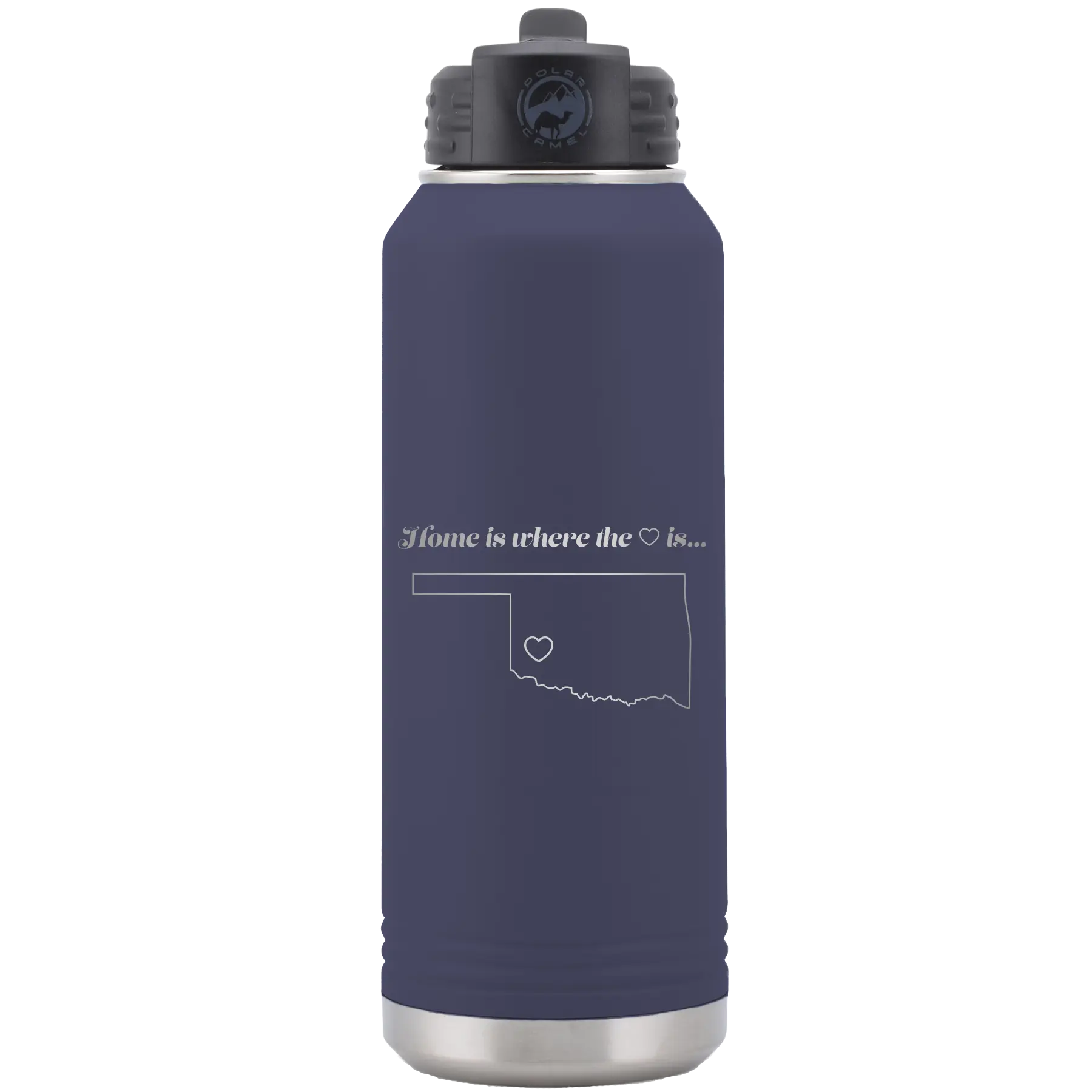 Laser etched navy 32 oz vacuum insulated water bottle with 'Oklahoma Heart' design