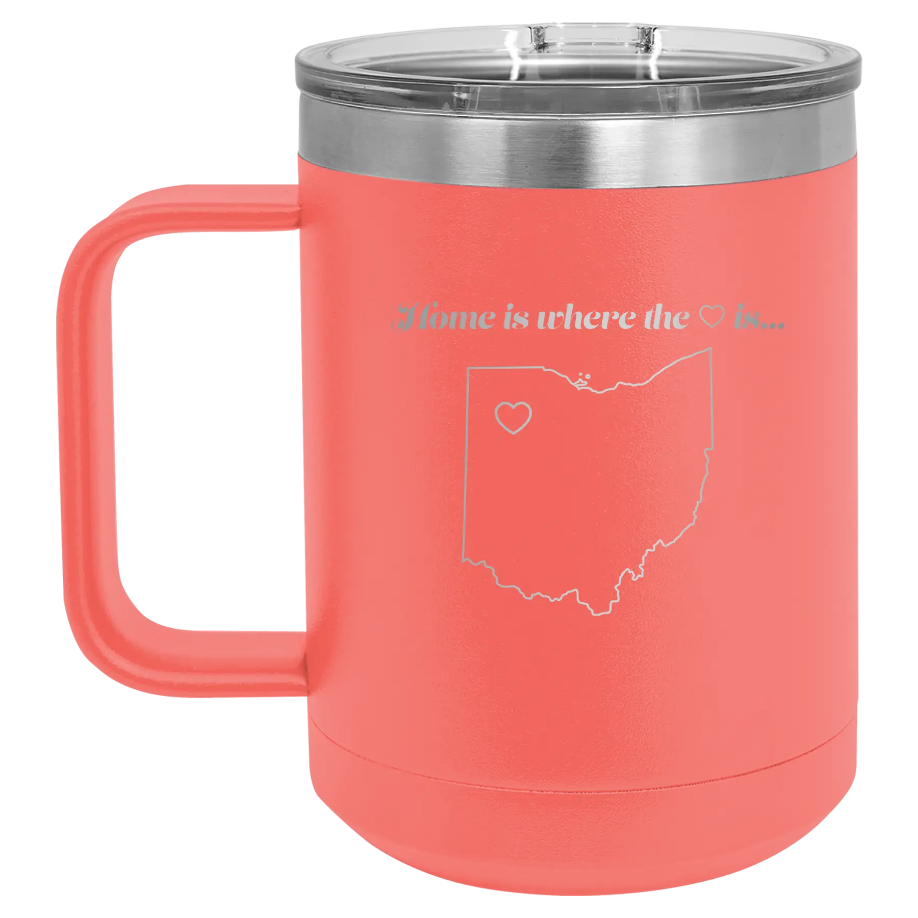 Laser etched coral 15 oz vacuum insulated coffee mug with 'Ohio Heart' design