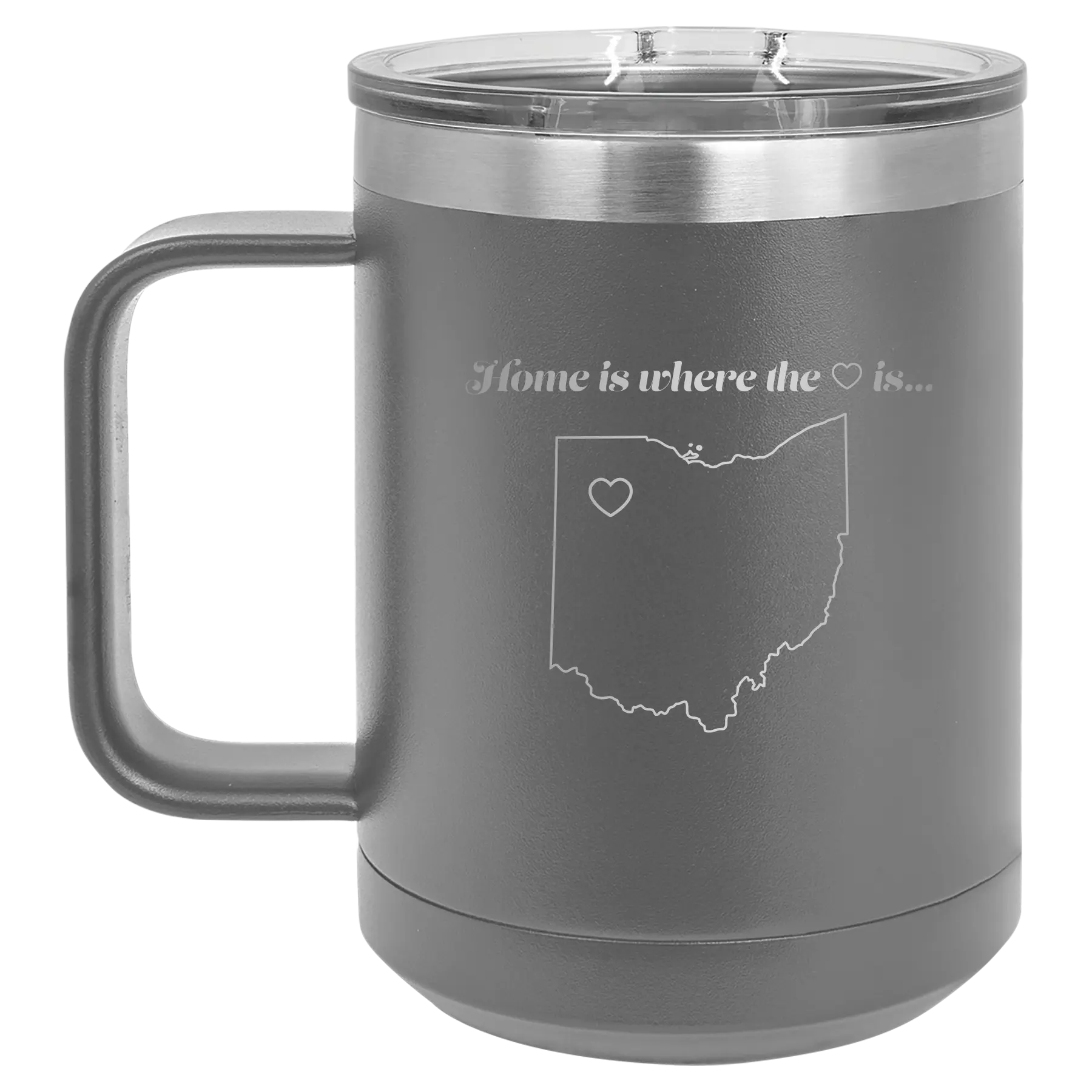 Laser etched dark gray 15 oz vacuum insulated coffee mug with 'Ohio Heart' design