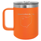 Laser etched orange 15 oz vacuum insulated coffee mug with 'Ohio Heart' design