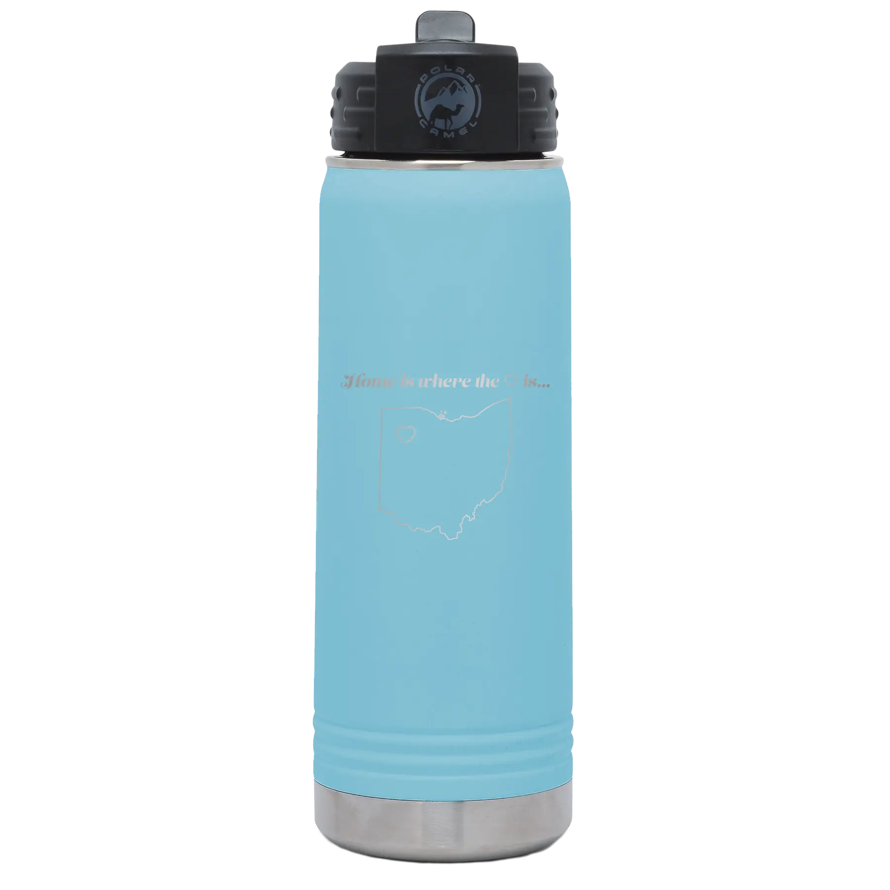 Laser etched light blue 20 oz vacuum insulated water bottle with 'Ohio Heart' design