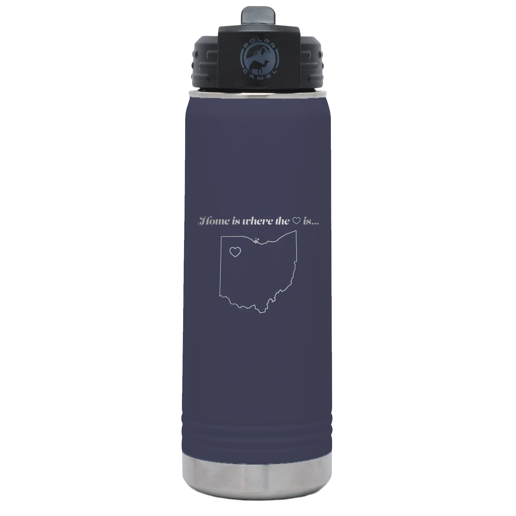 Laser etched navy 20 oz vacuum insulated water bottle with 'Ohio Heart' design