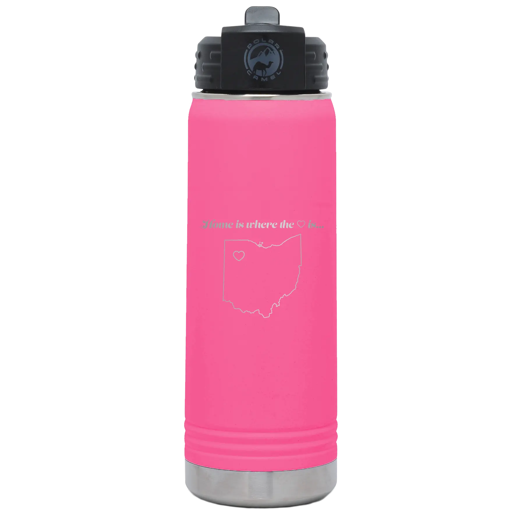 Laser etched pink 20 oz vacuum insulated water bottle with 'Ohio Heart' design