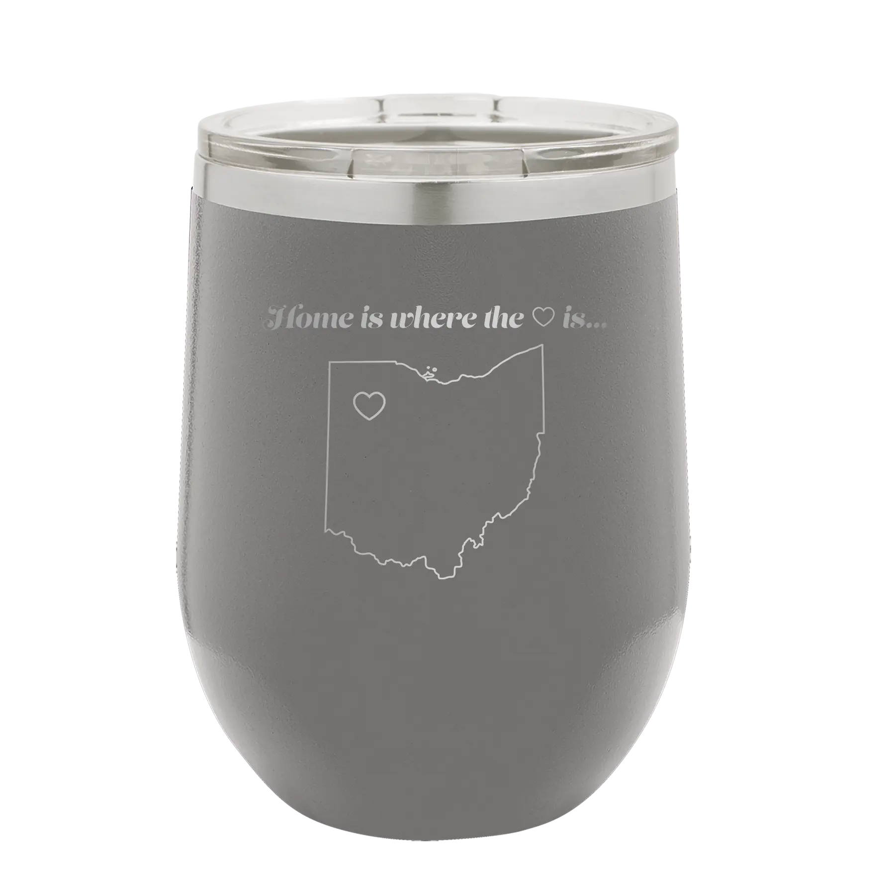 Laser etched dark gray 12 oz vacuum insulated wine cup with 'Ohio Heart' design
