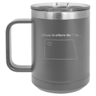 Laser etched dark gray 15 oz vacuum insulated coffee mug with 'North Dakota Heart' design
