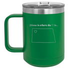 Laser etched green 15 oz vacuum insulated coffee mug with 'North Dakota Heart' design