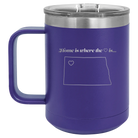 Laser etched purple 15 oz vacuum insulated coffee mug with 'North Dakota Heart' design