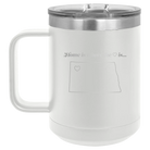 Laser etched white 15 oz vacuum insulated coffee mug with 'North Dakota Heart' design
