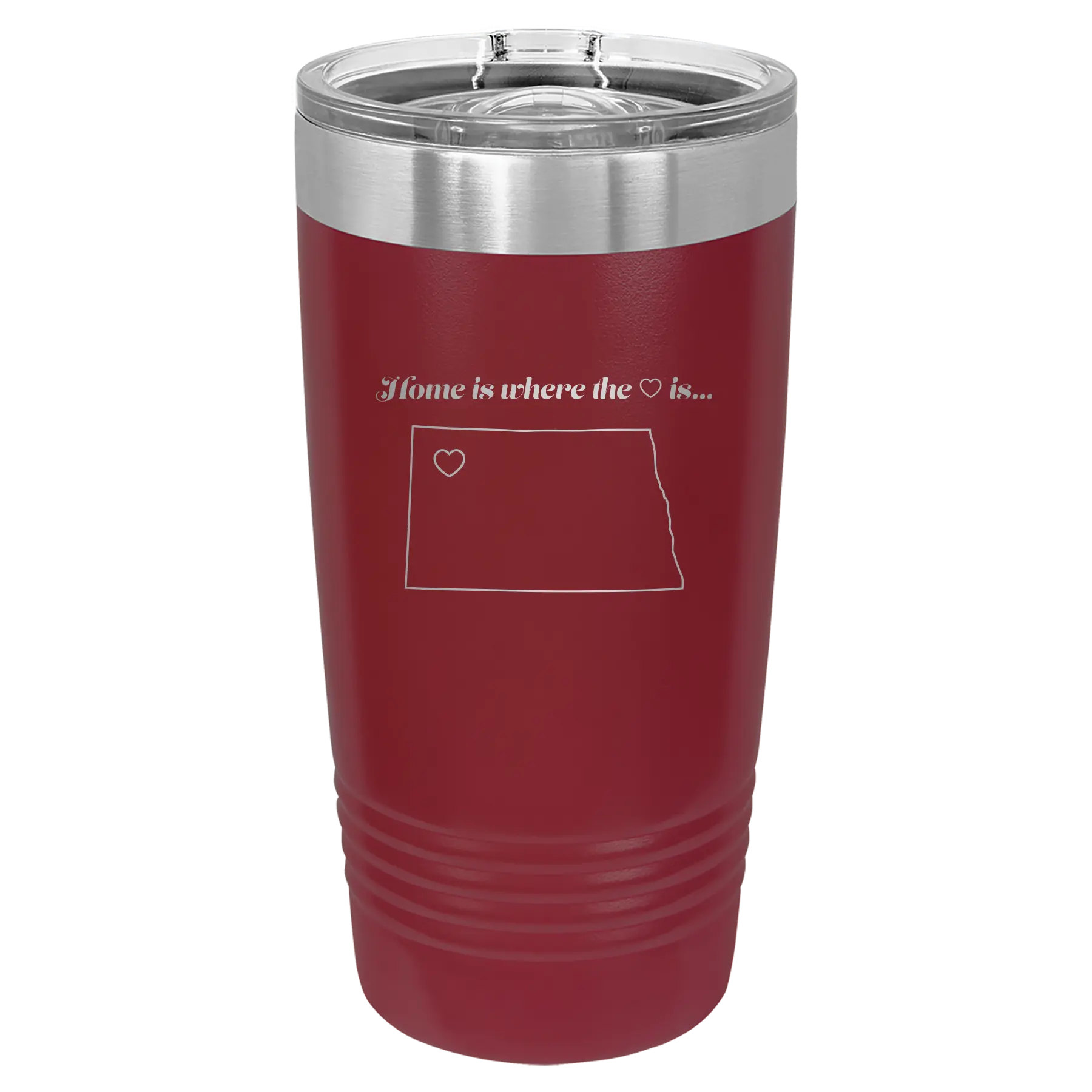 Laser etched maroon 20 oz vacuum insulated tumbler with 'North Dakota Heart' design