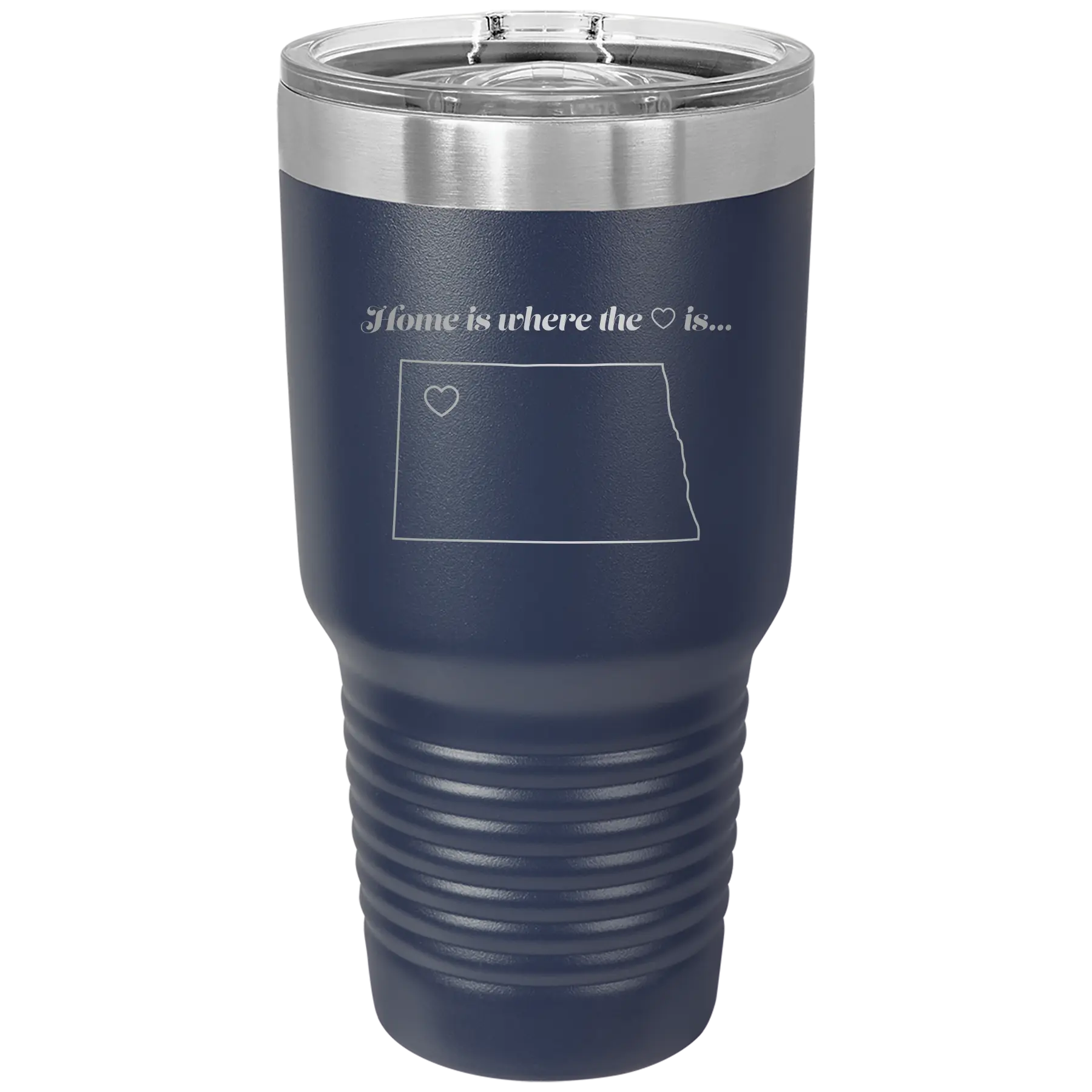 Laser etched navy 30 oz vacuum insulated tumbler with 'North Dakota Heart' design