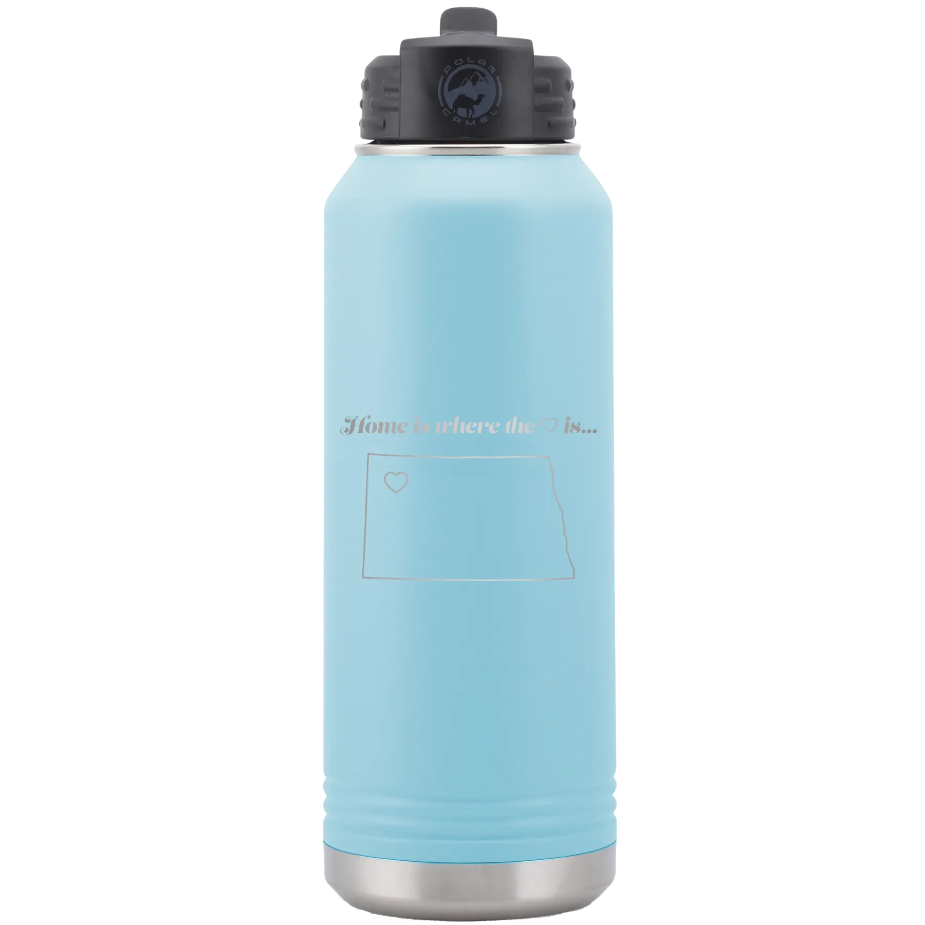 Laser etched light blue 32 oz vacuum insulated water bottle with 'North Dakota Heart' design