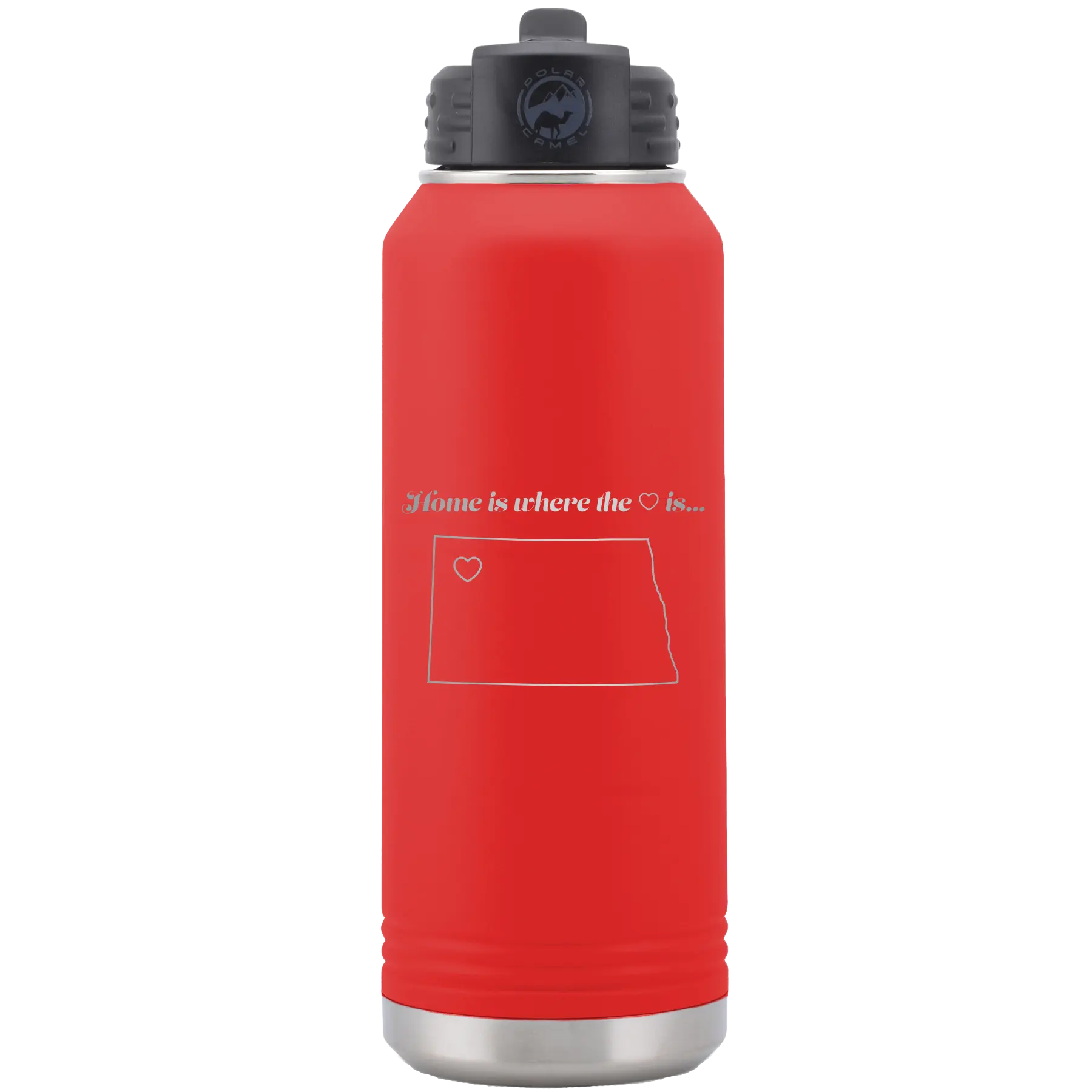 Laser etched red 32 oz vacuum insulated water bottle with 'North Dakota Heart' design