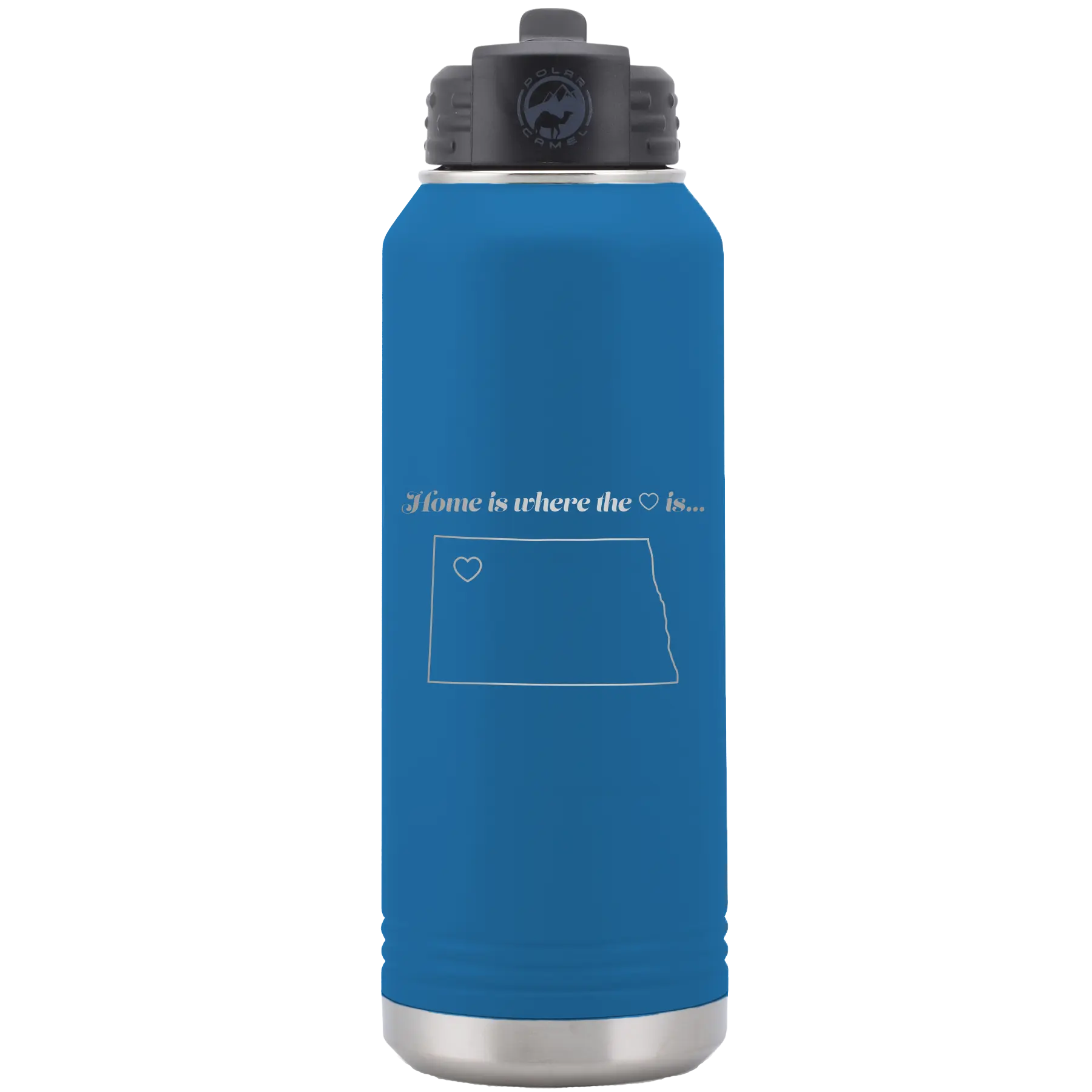 Laser etched royal blue 32 oz vacuum insulated water bottle with 'North Dakota Heart' design