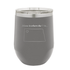 Laser etched dark gray 12 oz vacuum insulated wine cup with 'North Dakota Heart' design