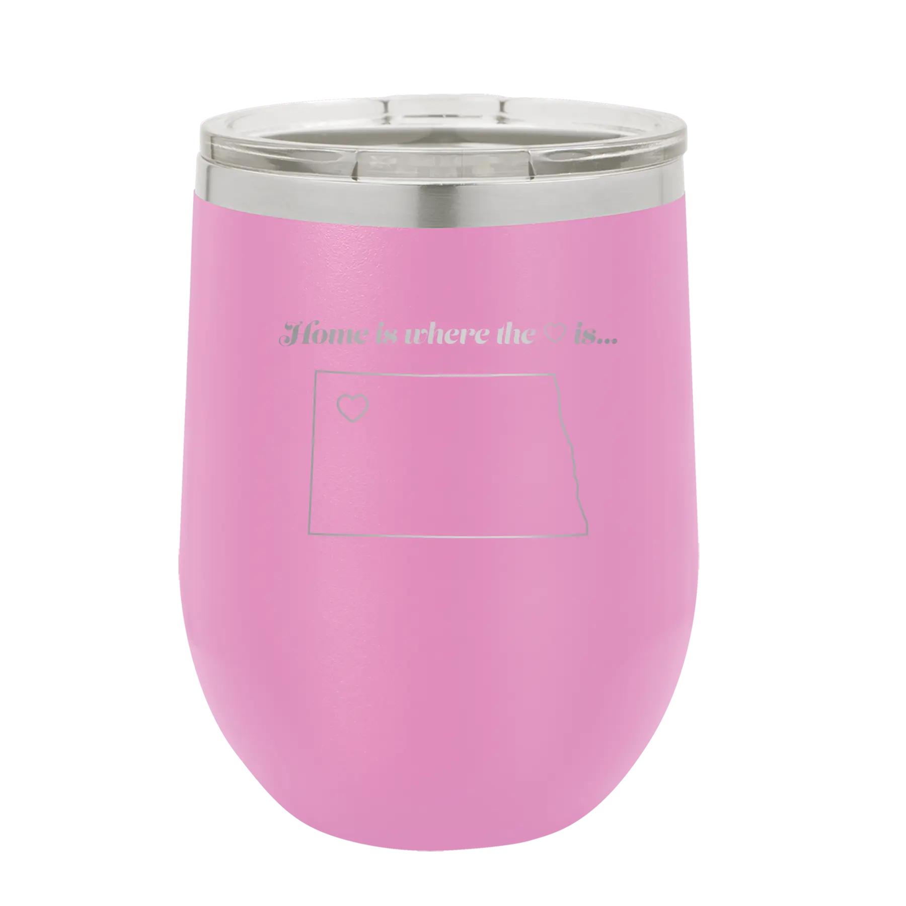 Laser etched light purple 12 oz vacuum insulated wine cup with 'North Dakota Heart' design