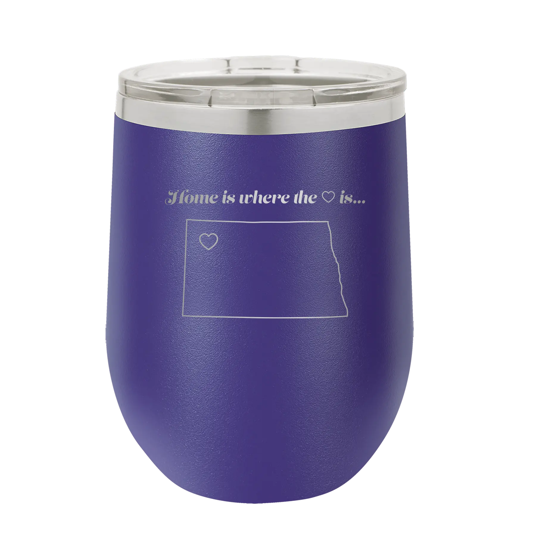 Laser etched purple 12 oz vacuum insulated wine cup with 'North Dakota Heart' design