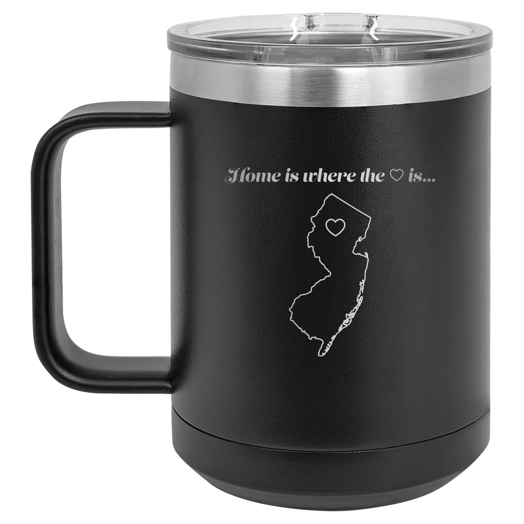 Laser etched black 15 oz vacuum insulated coffee mug with 'New Jersey Heart' design