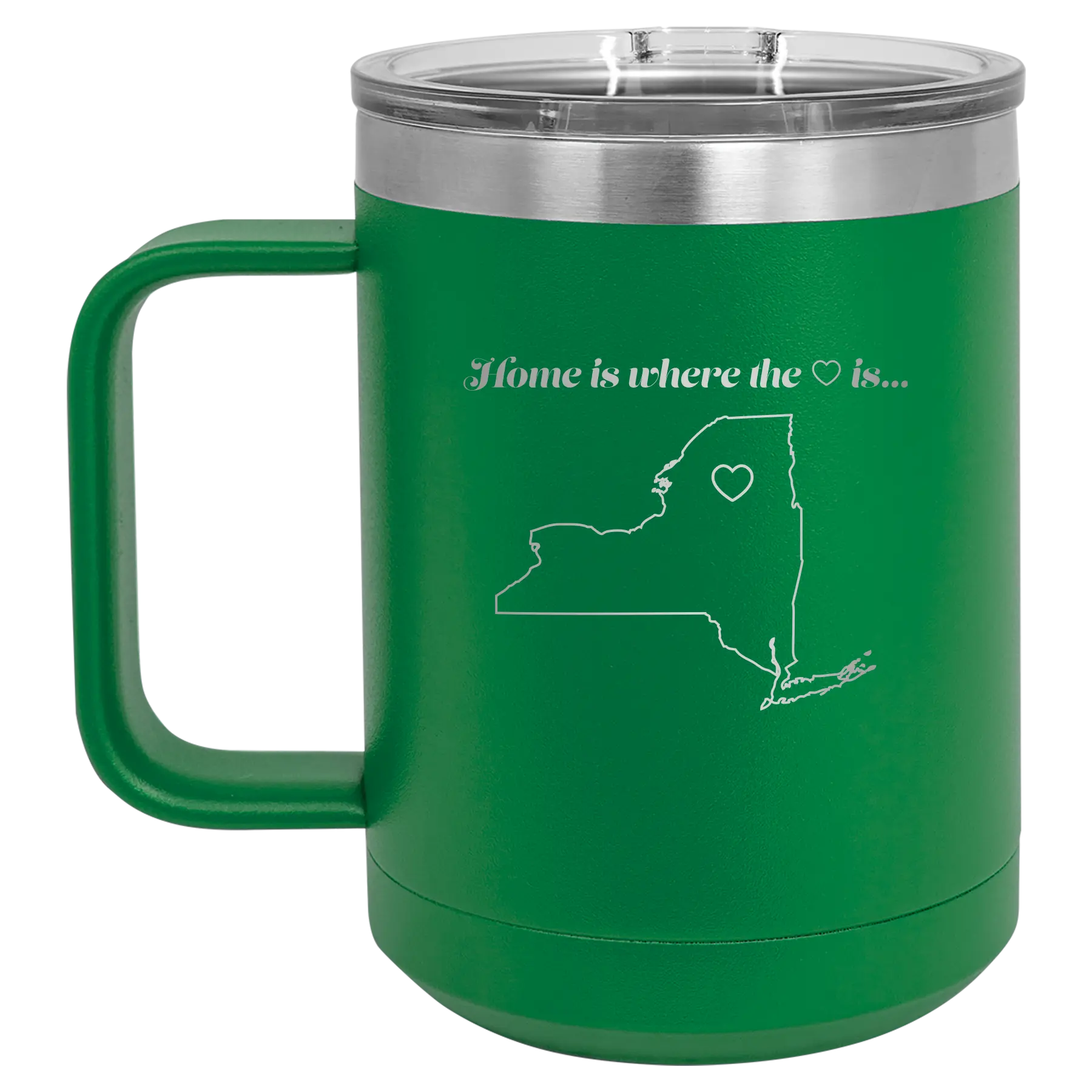 Laser etched green 15 oz vacuum insulated coffee mug with 'New York Heart' design