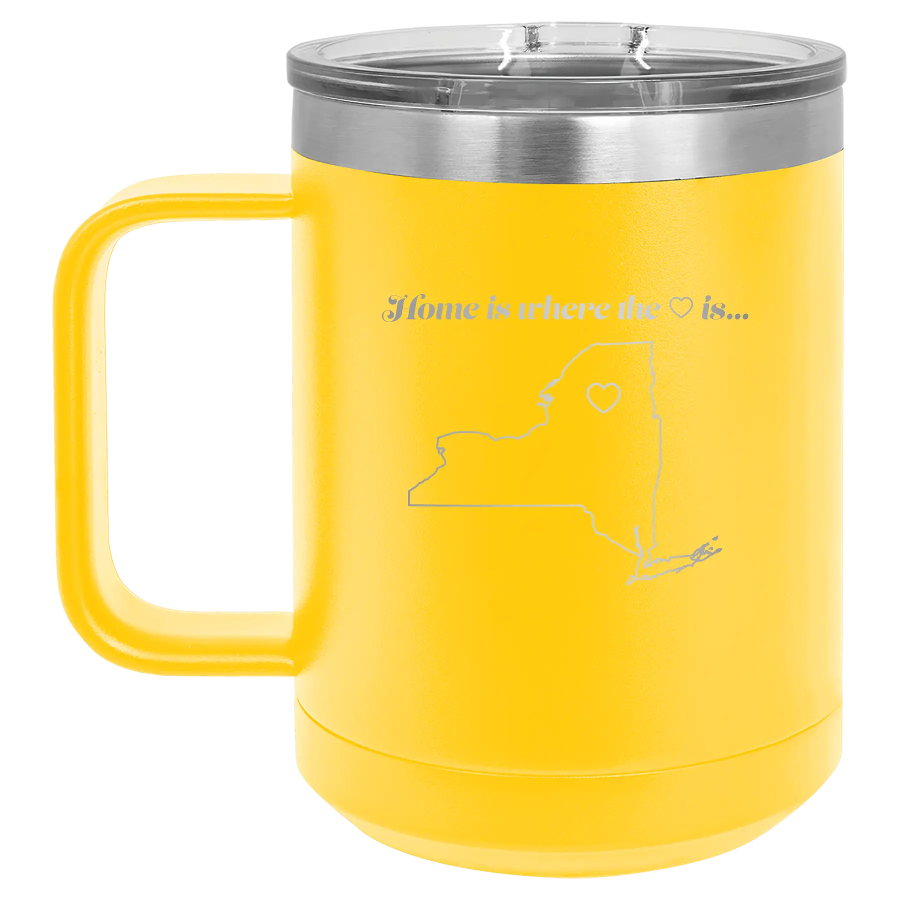 Laser etched yellow 15 oz vacuum insulated coffee mug with 'New York Heart' design