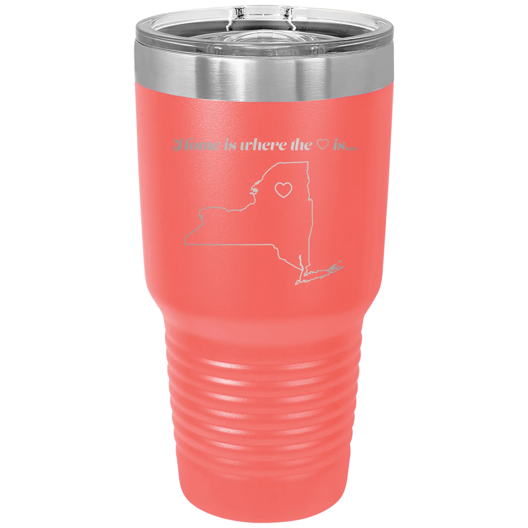 Laser etched coral 30 oz vacuum insulated tumbler with 'New York Heart' design